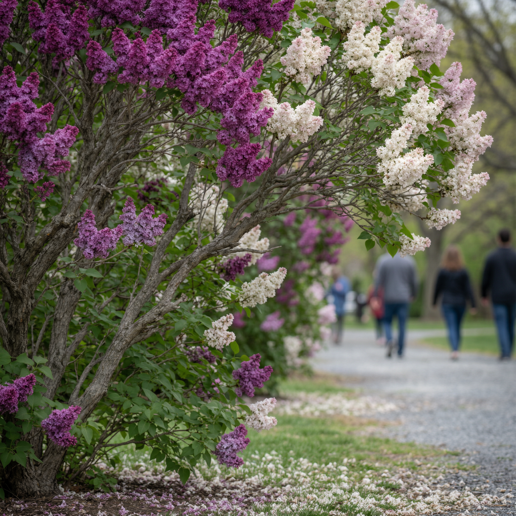 A pathway lined with blooming lilac bushes displaying vibrant purple and white flowers at Highland Park in Rochester during the annual Lilac Festival, with visitors walking in the background