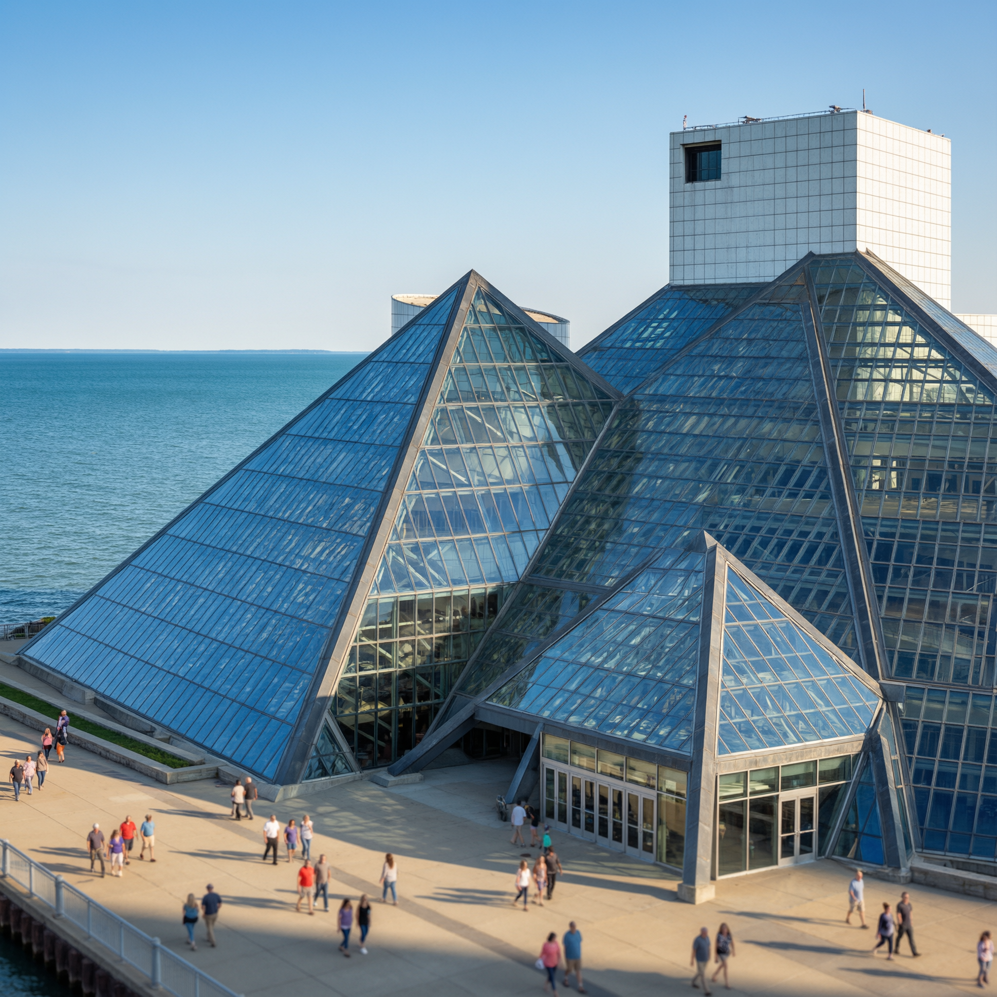 Exterior view of the Rock and Roll Hall of Fame in Cleveland, Ohio, featuring distinctive pyramidal glass structures overlooking Lake Erie with visitors on the plaza
