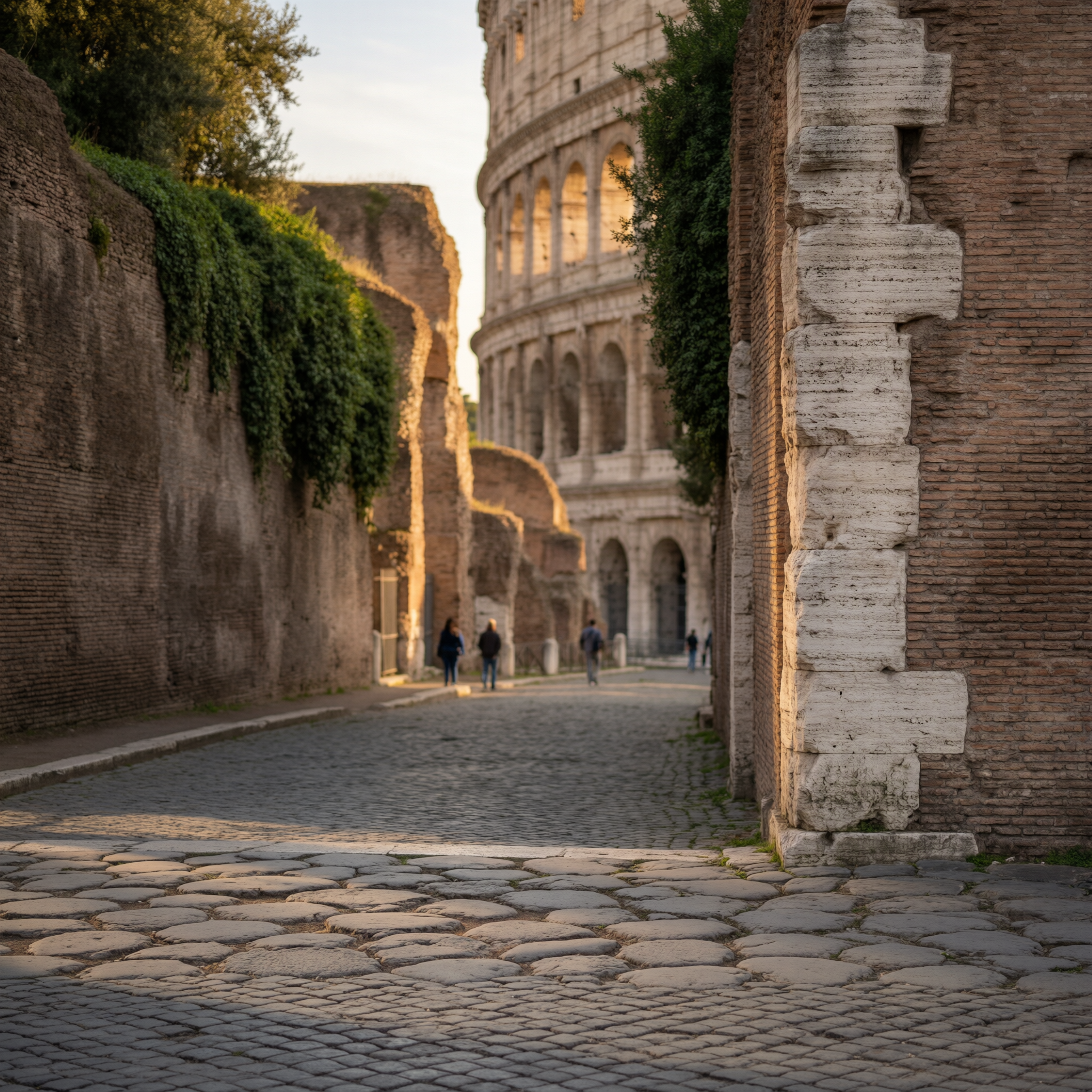 A narrow cobblestone street in Rome lined with ancient brick walls and ivy, leading toward the illuminated Colosseum at golden hour with tourists walking in the distance