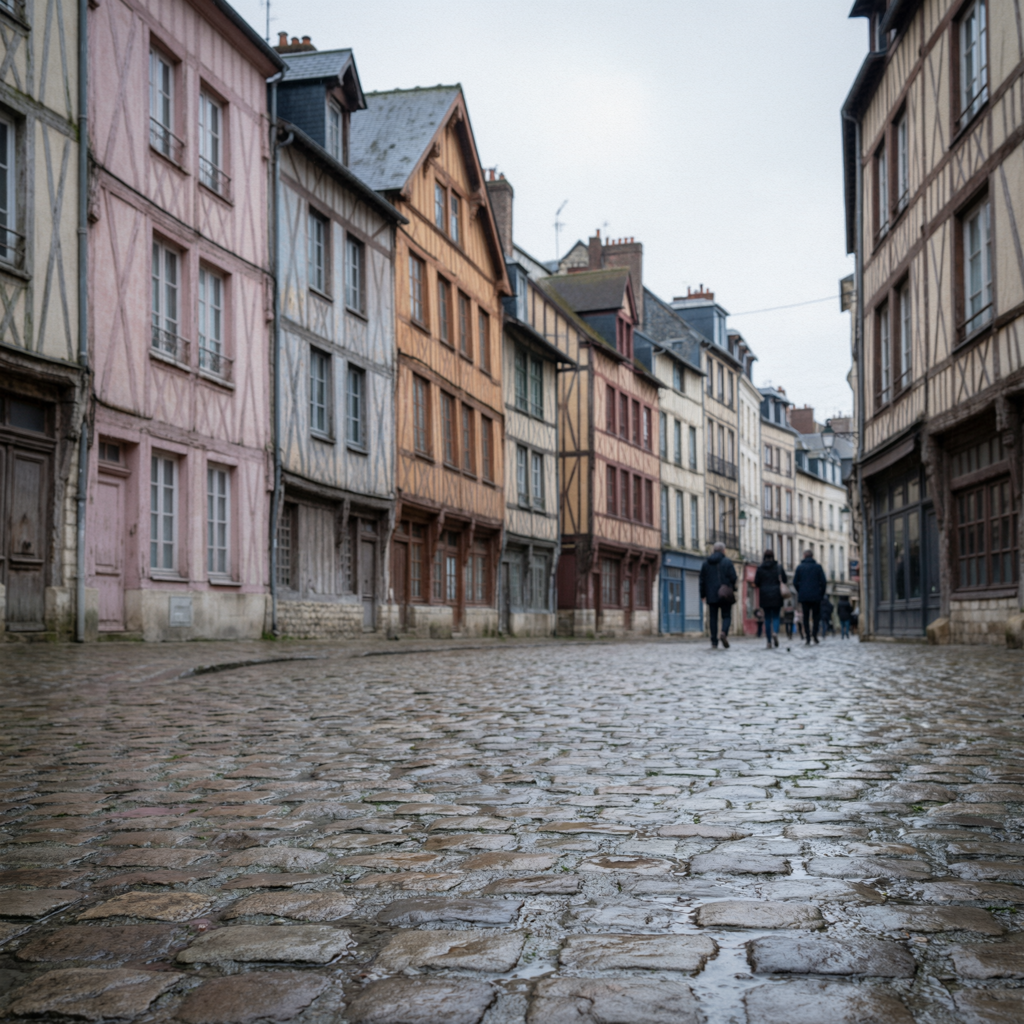 Historic cobblestone street in Rouen lined with colorful half-timbered medieval buildings featuring pink, yellow, and cream facades