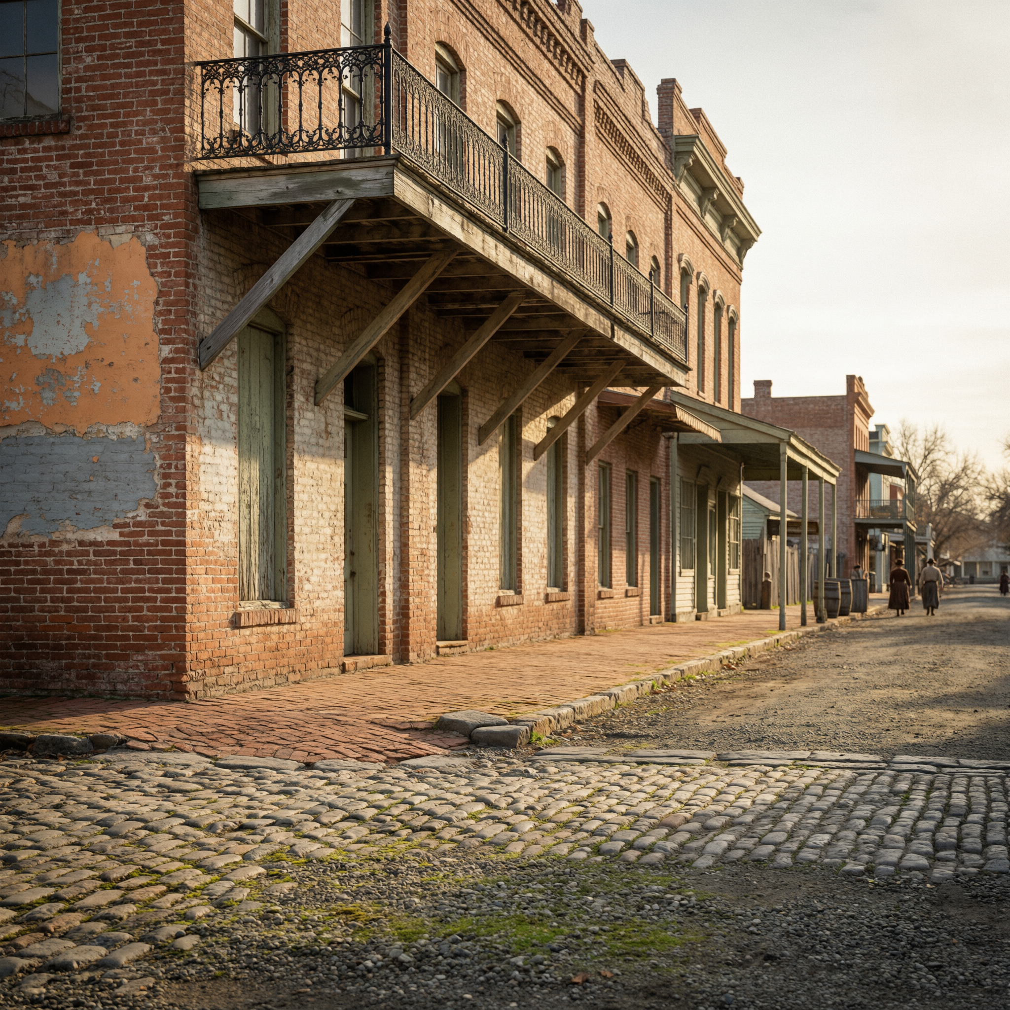 Historic Old Sacramento street lined with brick buildings featuring wooden awnings and iron balconies at golden hour
