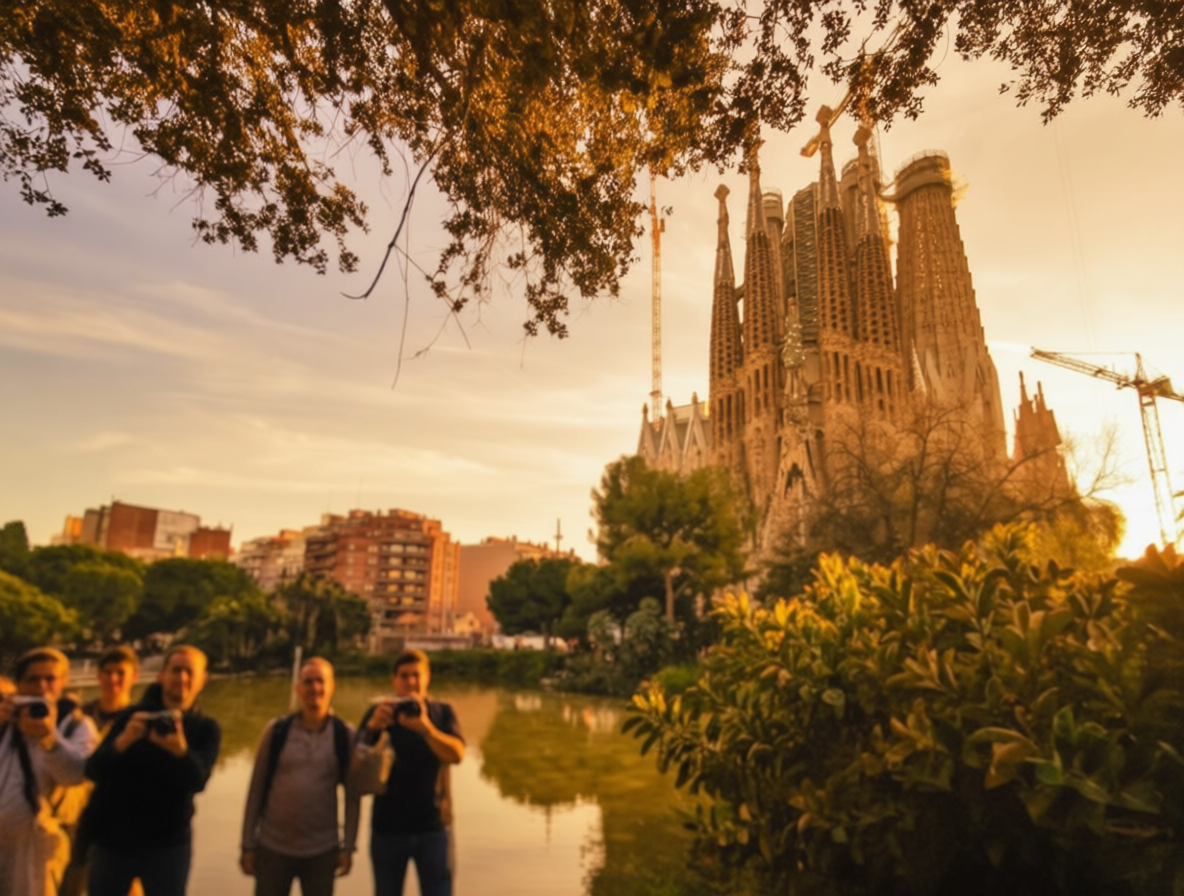 Barcelona Sagrada Familia Visit 9 Sagrada Familia basilica at golden hour in Barcelona, Spain, with tourists viewing from across the water at sunset