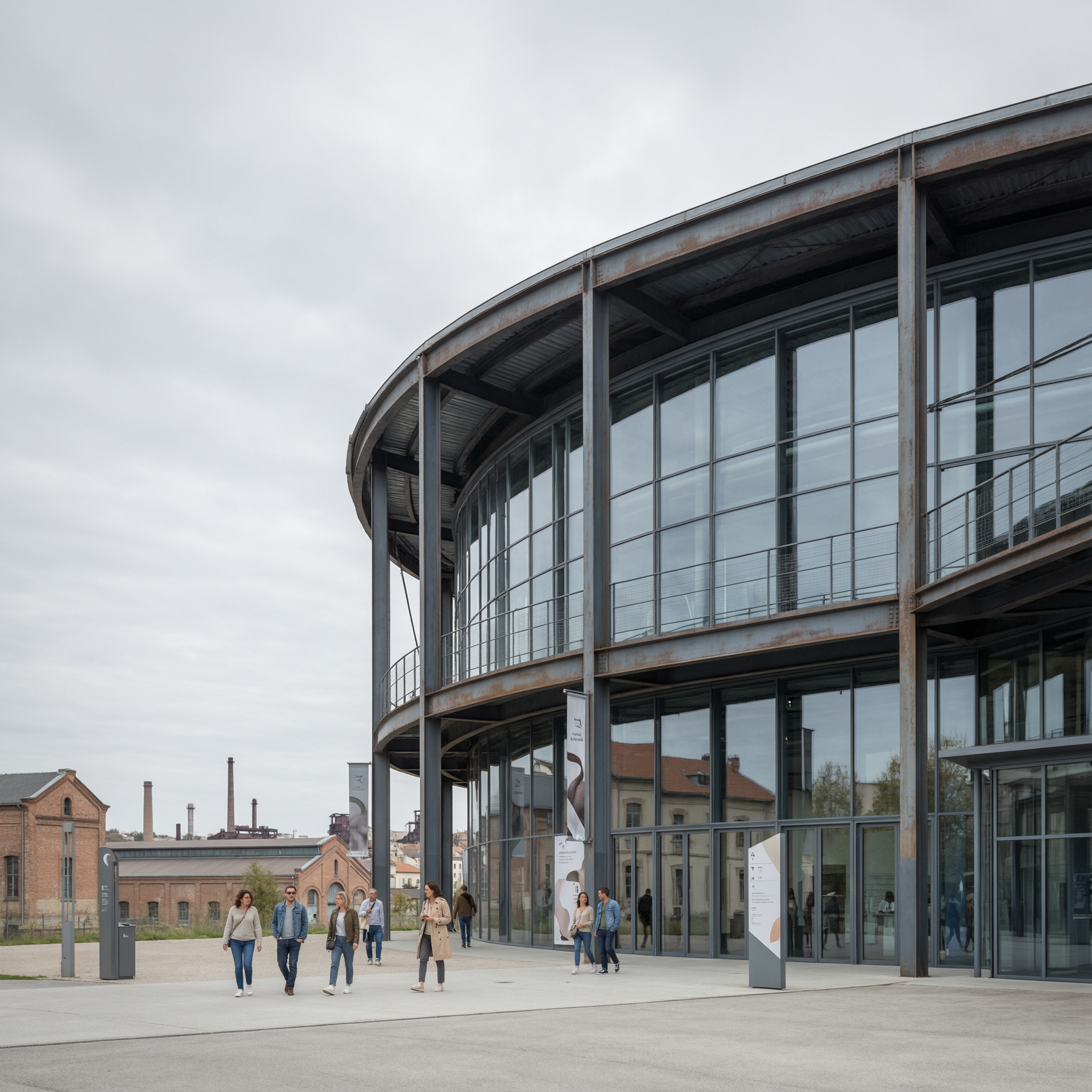 Modern curved glass and steel building with large windows at the Cité du Design in Saint-Étienne, with visitors walking in the plaza and historic brick industrial buildings in the background