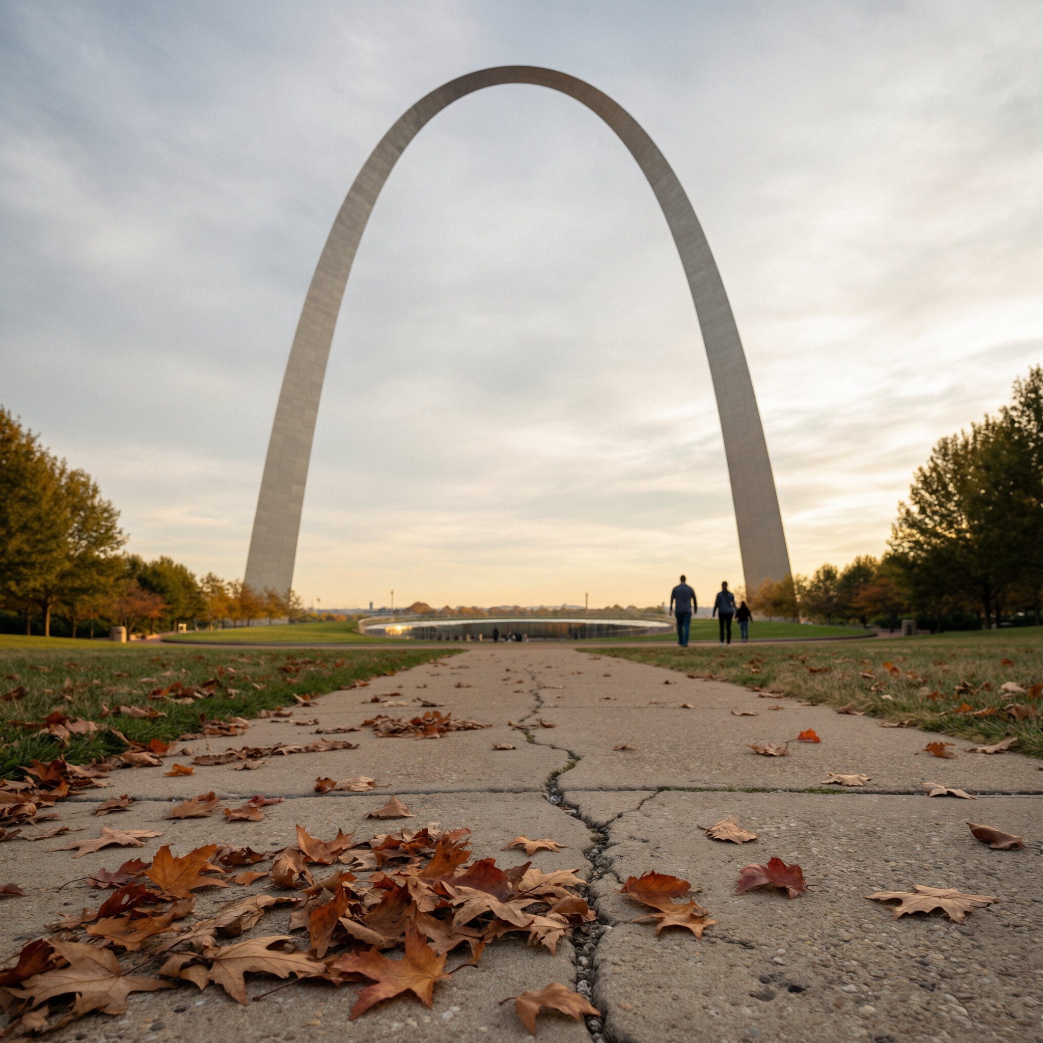 The Gateway Arch in Saint Louis on an autumn day with fall leaves scattered on the pathway and visitors walking beneath the monument