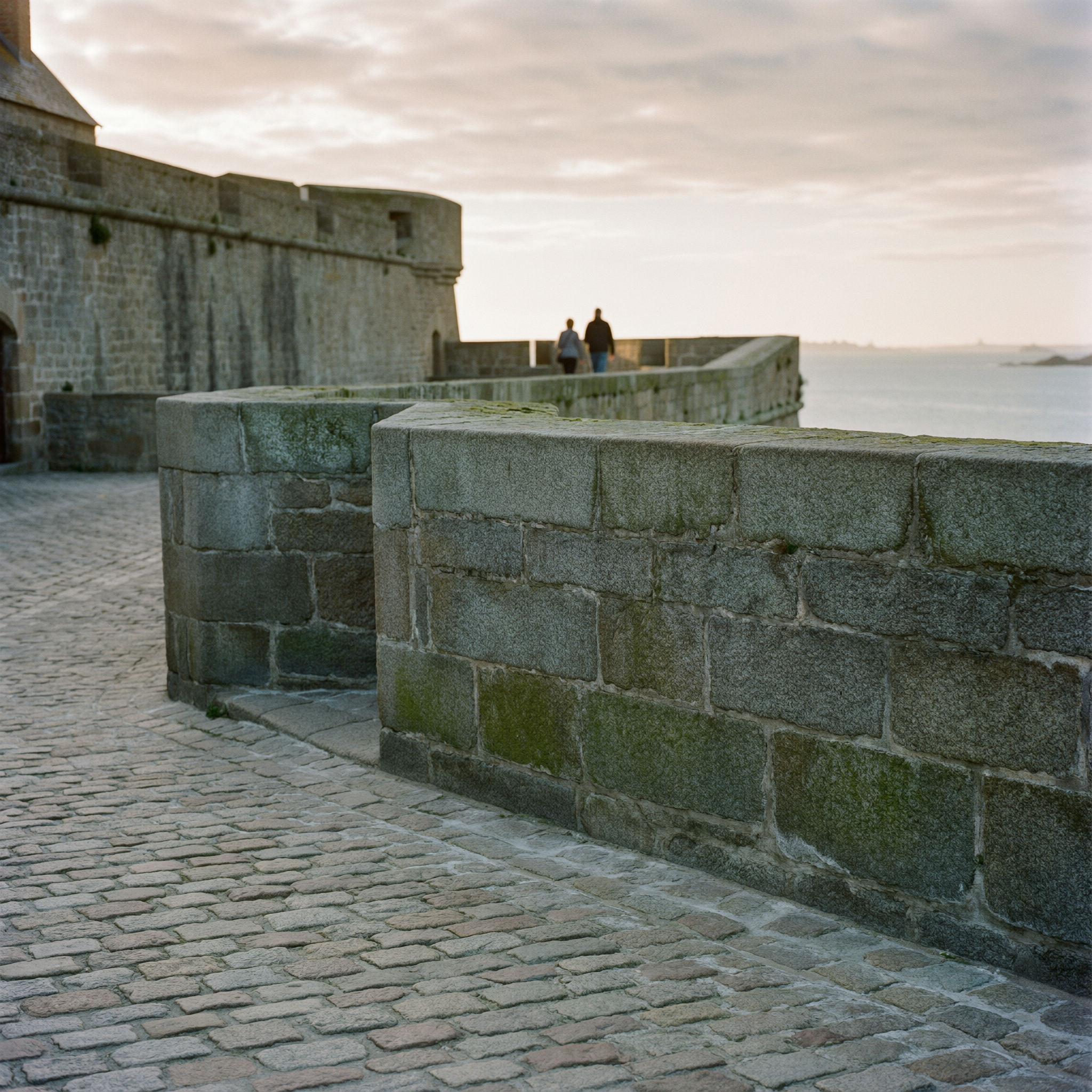 Stone ramparts and fortification walls of Saint-Malo with visitors walking along the medieval stone fortifications overlooking the bay during golden hour