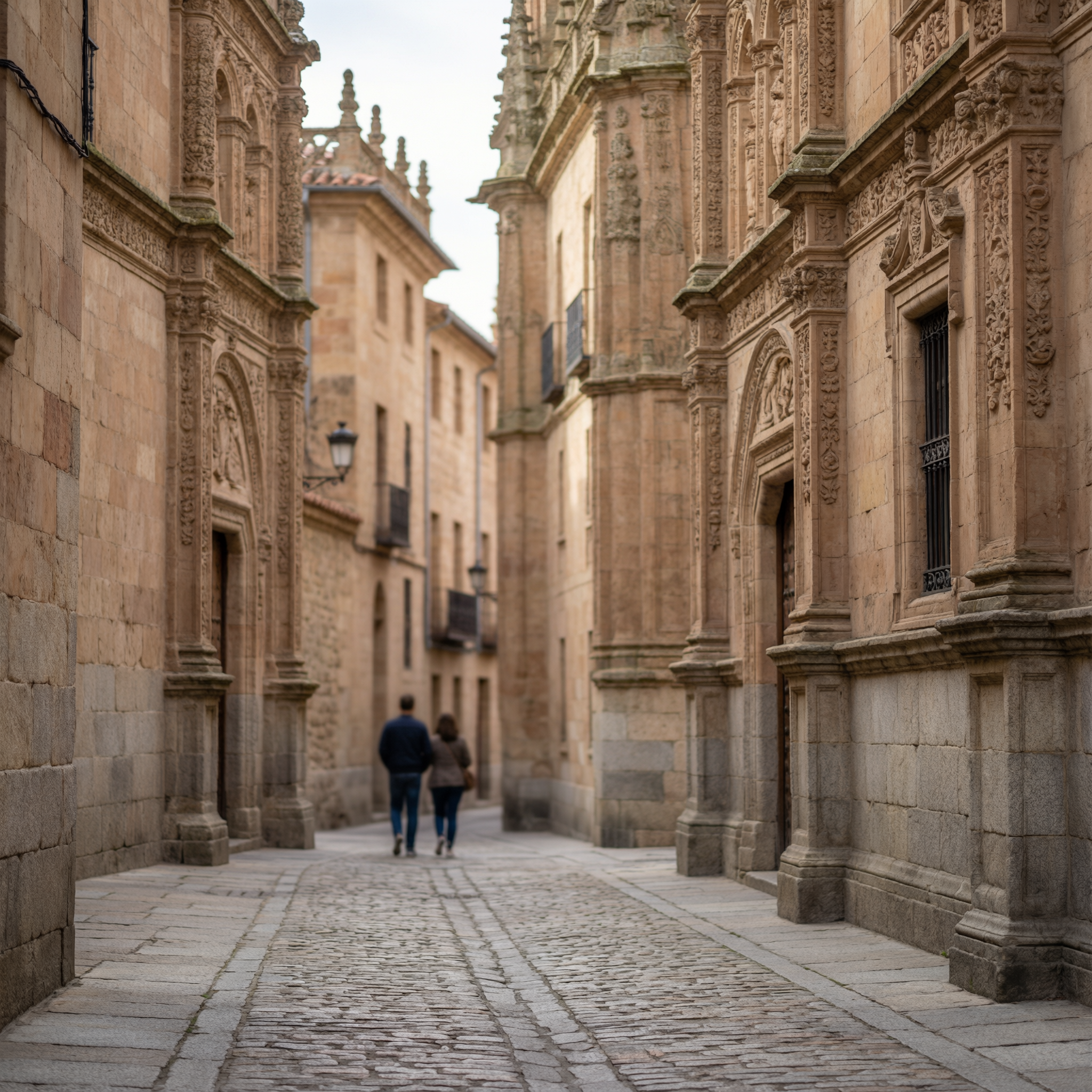 Two pedestrians walking down a narrow cobblestone street in Salamanca, Spain, lined with ornate Renaissance stone buildings and decorative facades