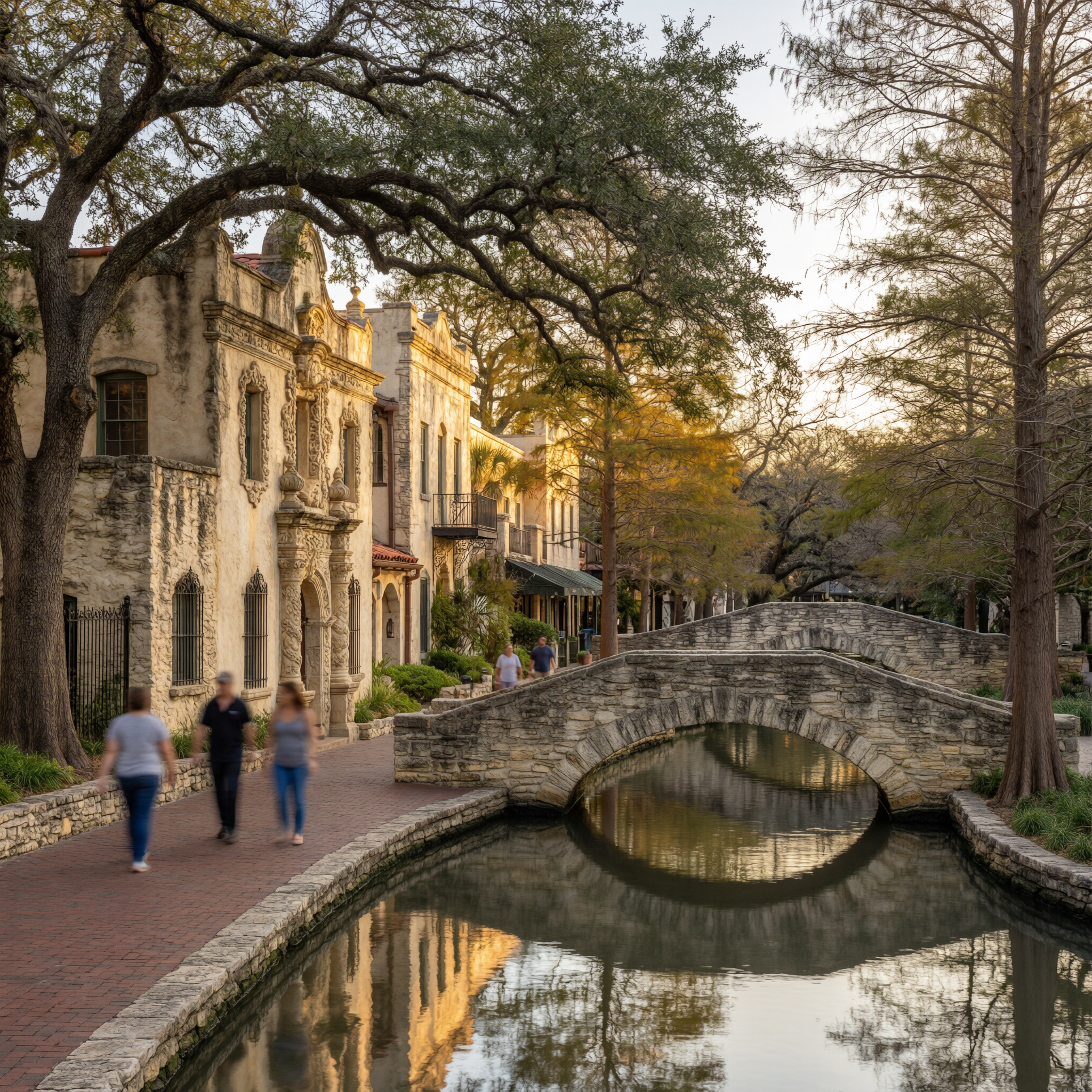 San Antonio River Walk 2 A scenic view of the San Antonio River Walk with a historic stone arch bridge, limestone buildings lit in golden hour light, and large oak trees lining the pedestrian pathway