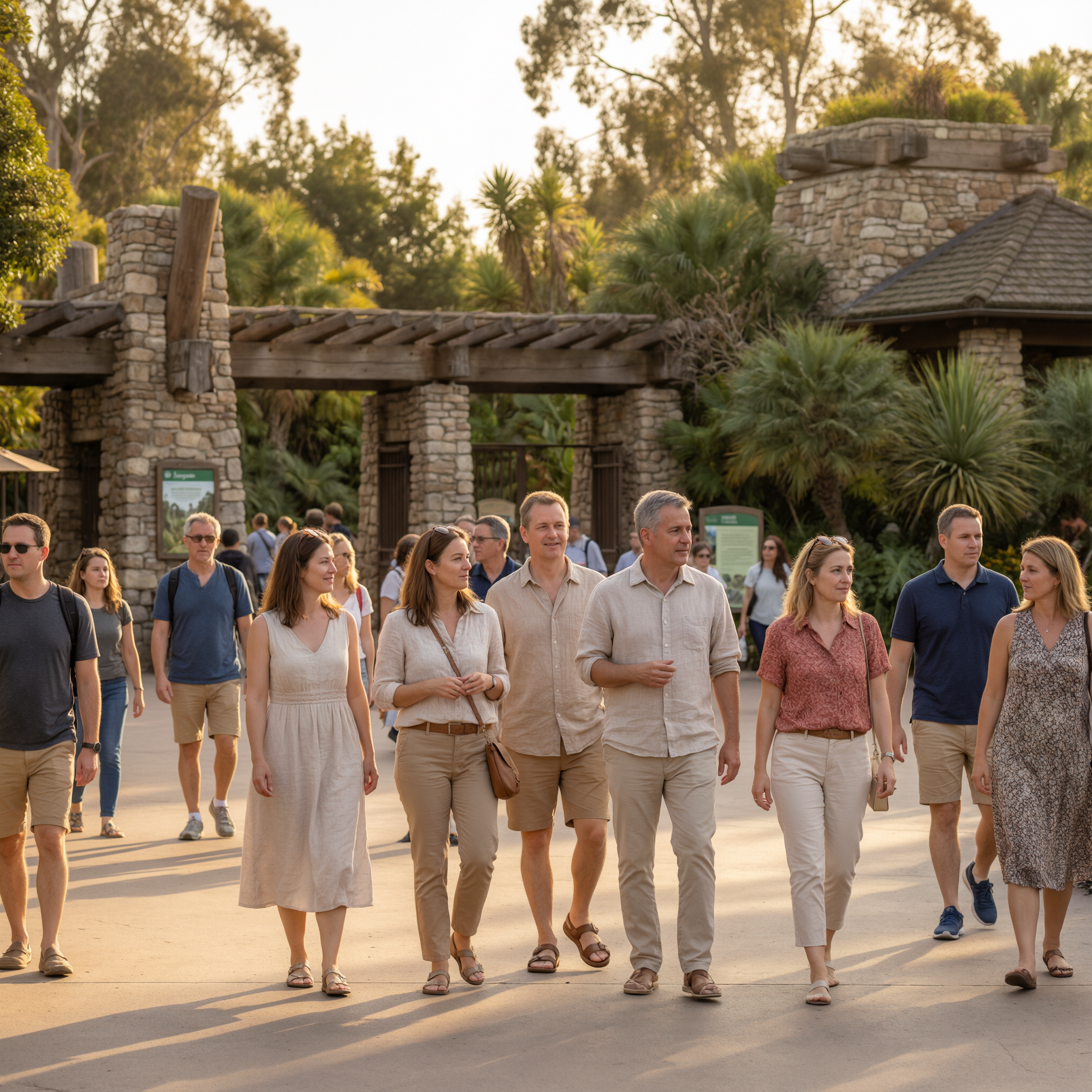 Visitors walking through the entrance of the San Diego Zoo with stone archways and palm trees during golden hour