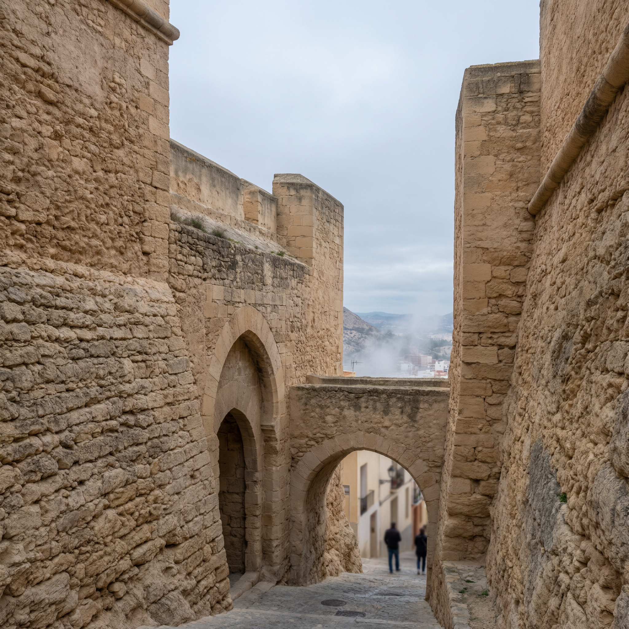 Alicante Santa Barbara Castle 2 View through a stone archway inside Santa Barbara Castle in Alicante, Spain, showing medieval architecture and the city below