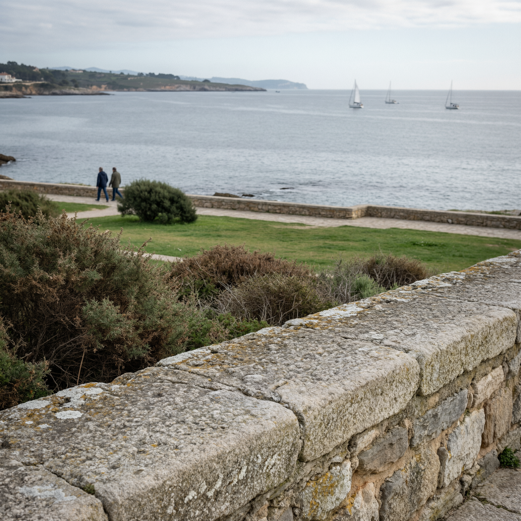 Coastal promenade view in Santander with stone wall, two people walking, sailboats on the water, and green cliffs in the distance