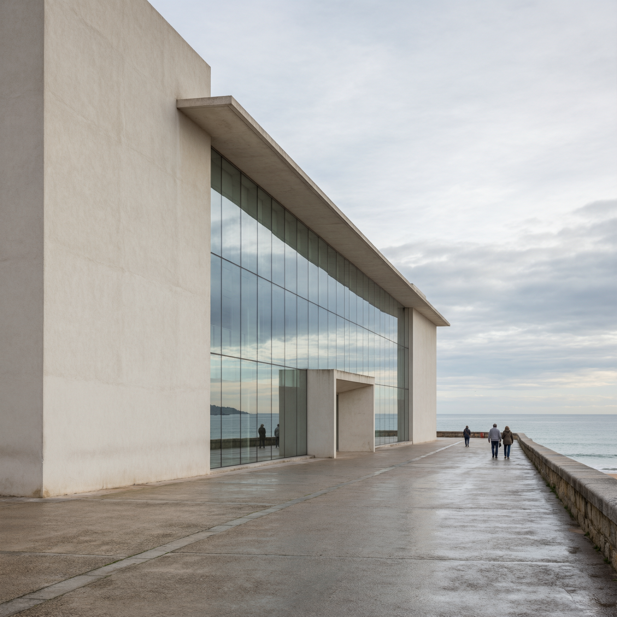 Santander Maritime Museum waterfront exterior with modern concrete architecture, large glass windows overlooking the sea, and visitors walking along the promenade