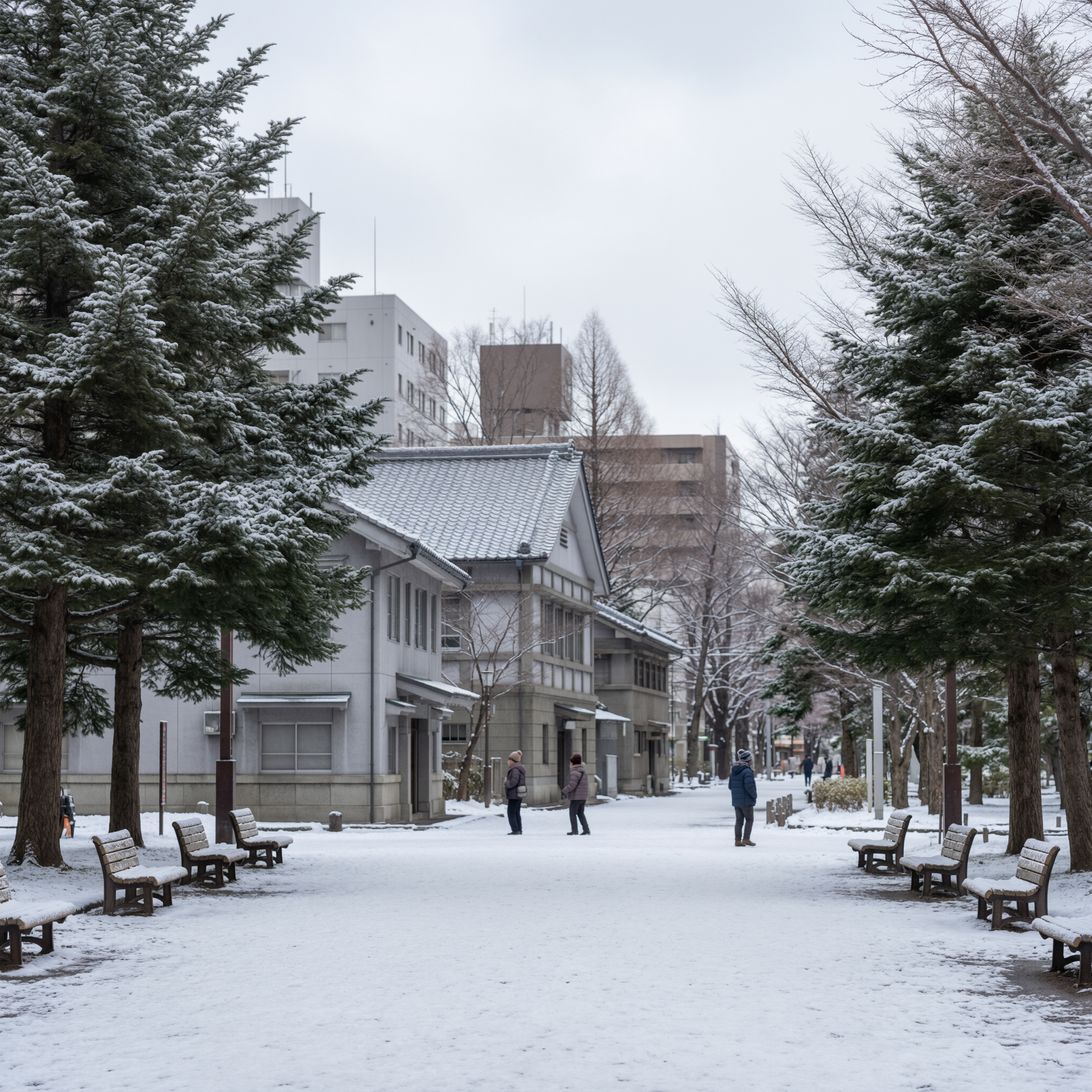 Snow-covered Odori Park in Sapporo with frost-laden evergreen trees lining a pedestrian plaza, wooden benches, and modern buildings in the background during winter