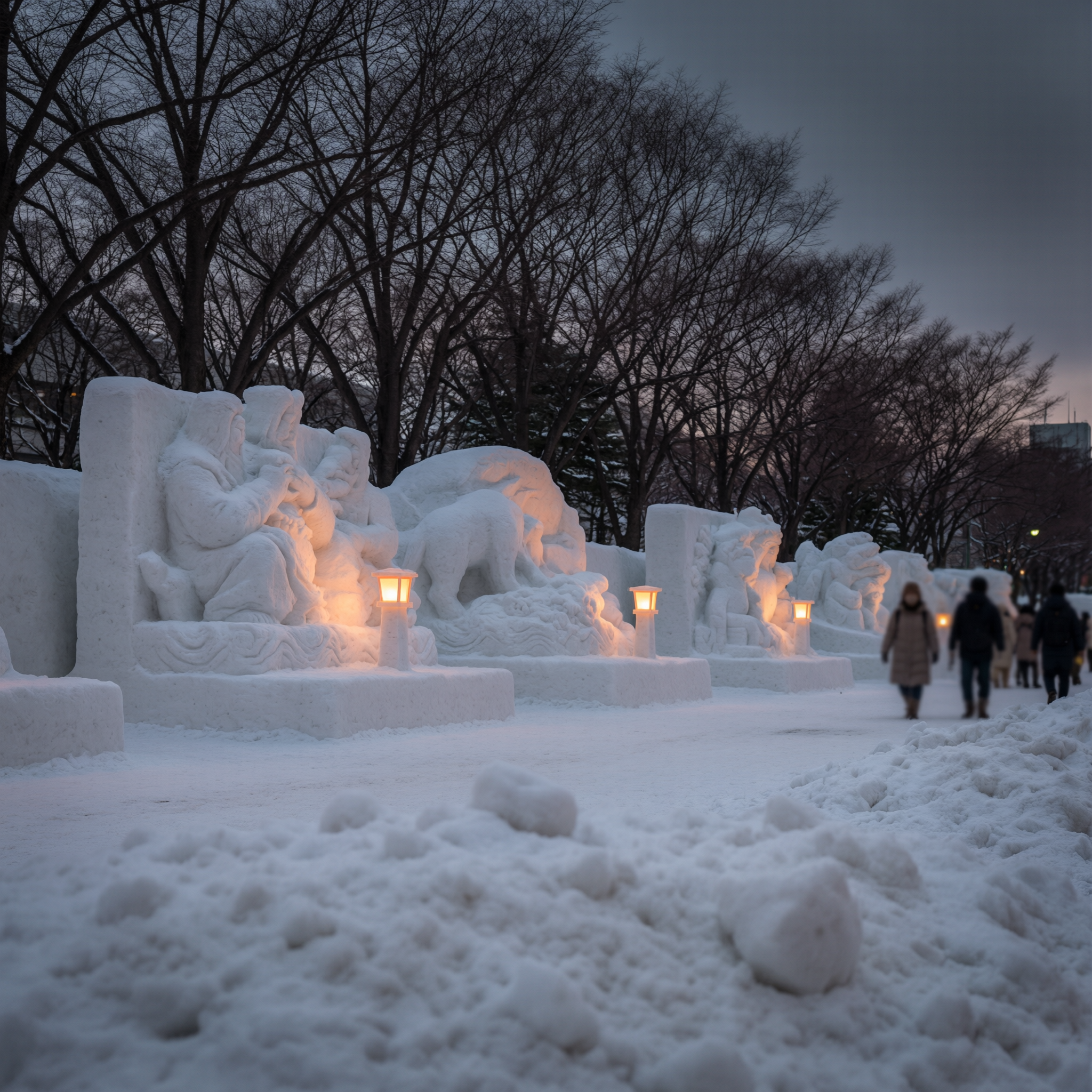 Illuminated snow sculptures at the Sapporo Snow Festival during twilight with visitors walking nearby and bare trees in the background