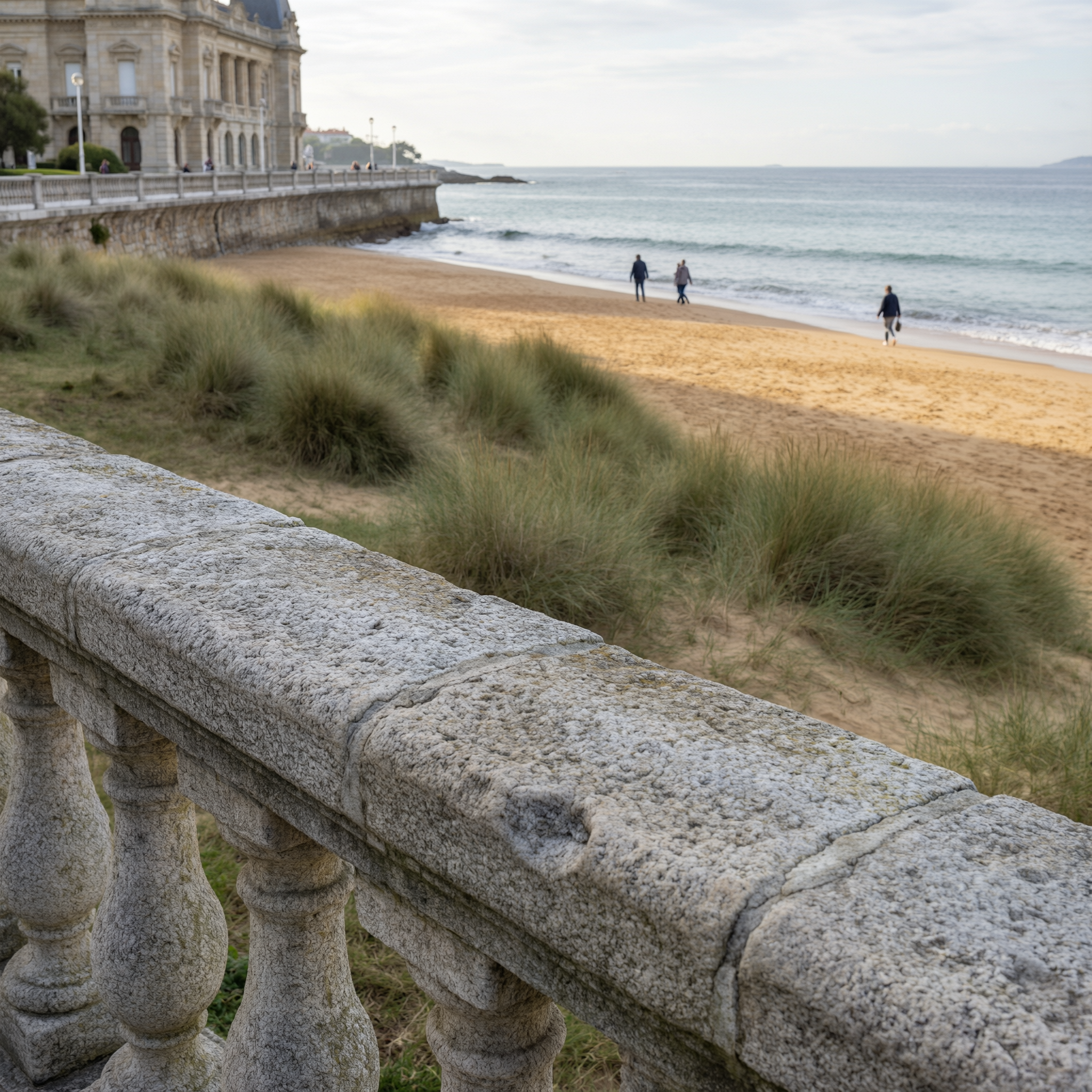 Stone balustrade overlooking Sardinero Beach in Santander, Spain, with beachgoers and historic architecture visible