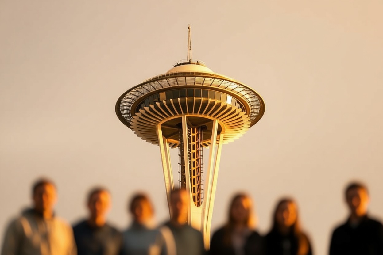 Seattle Space Needle illuminated during golden hour with blurred figures in the foreground
