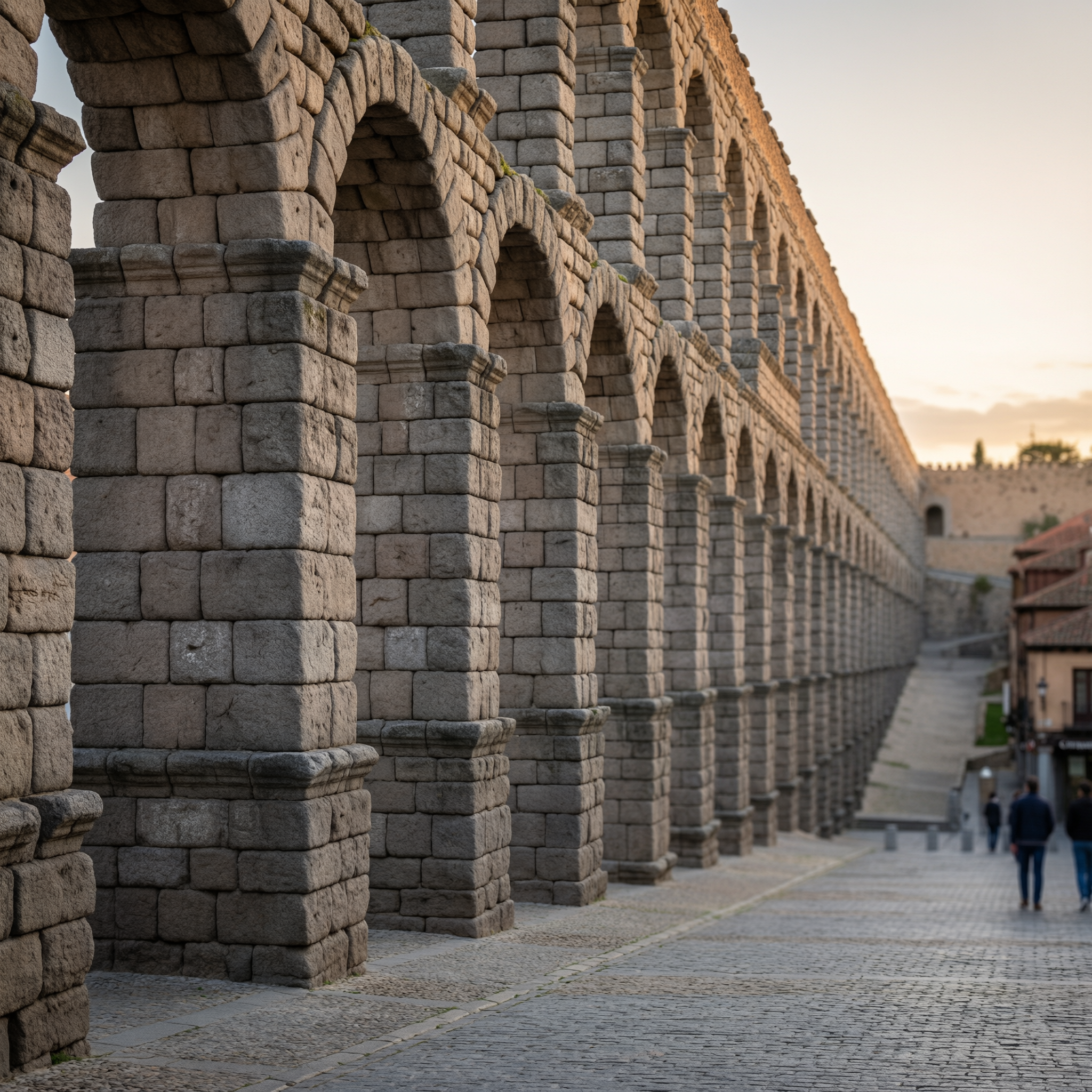 Historic Roman aqueduct in Segovia with multiple stone arches at golden hour, featuring massive granite blocks and a cobblestone street below