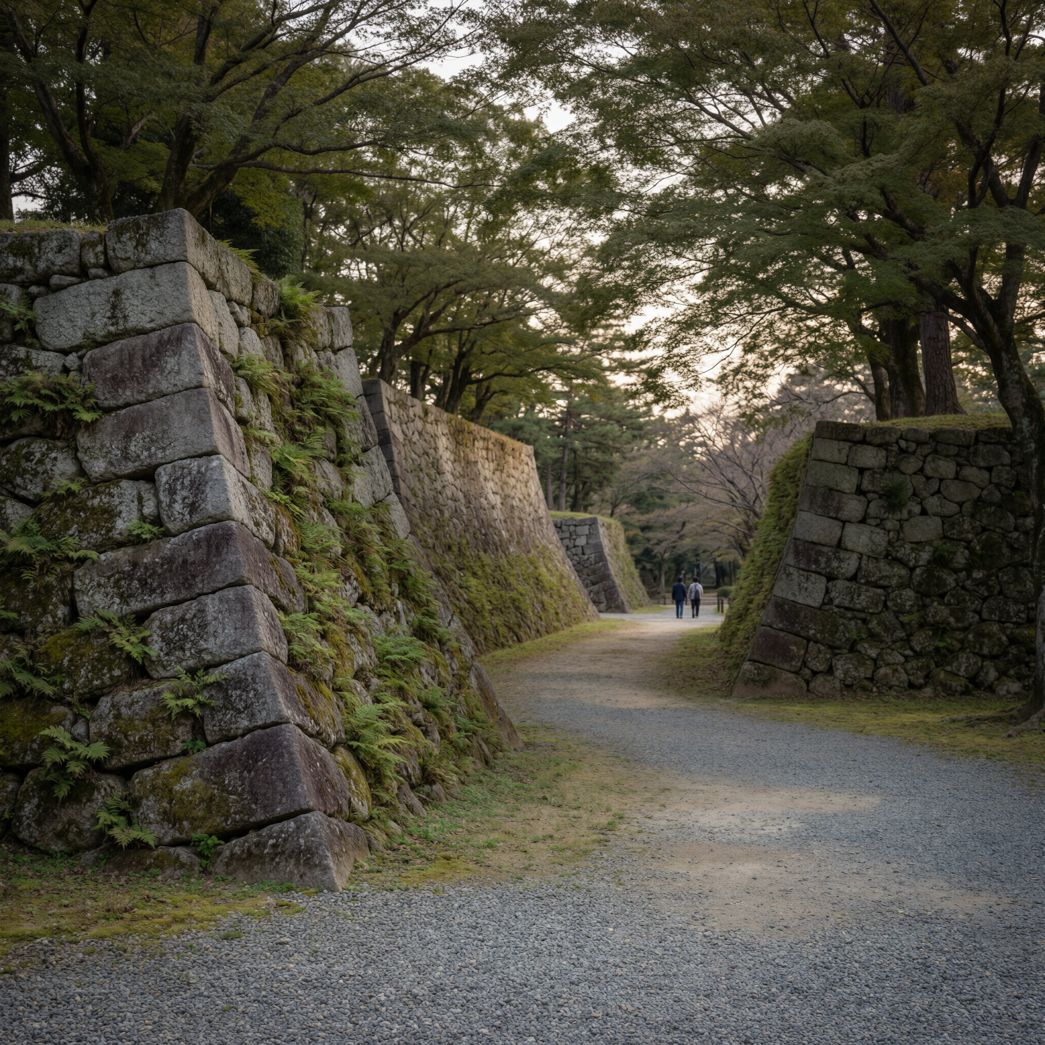 Sendai Castle Ruins Walk 2 Stone castle walls covered in moss at Aoba Castle ruins in Sendai, Japan, with a tree-lined pathway and visitors in the distance