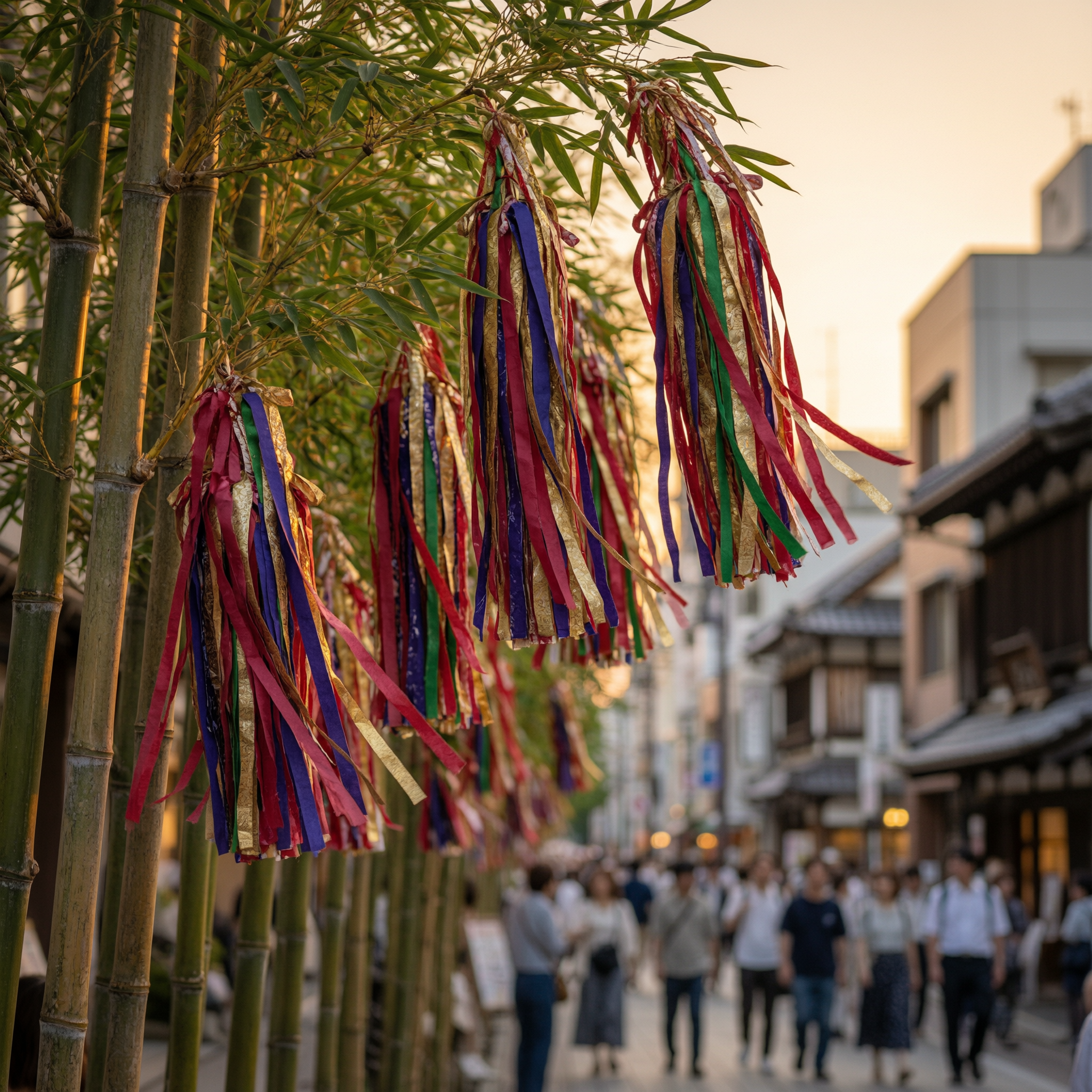 Sendai Tanabata Festival Highlights 1 Colorful ribbon tassels hanging from bamboo branches at Sendai Tanabata Festival on Jozenji-dori street with blurred crowd in background