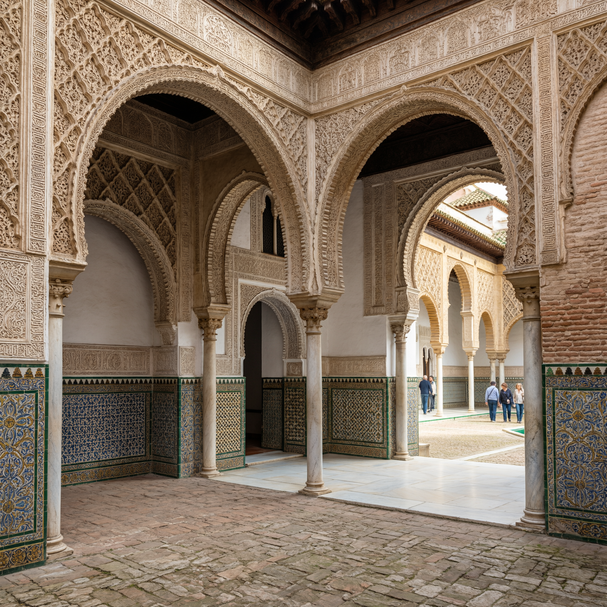 Seville Alcazar Exploration Guide 2 Interior courtyard of the Alcázar of Seville featuring ornate arches, intricate plasterwork, and decorative tilework with visitors exploring the Moorish architecture