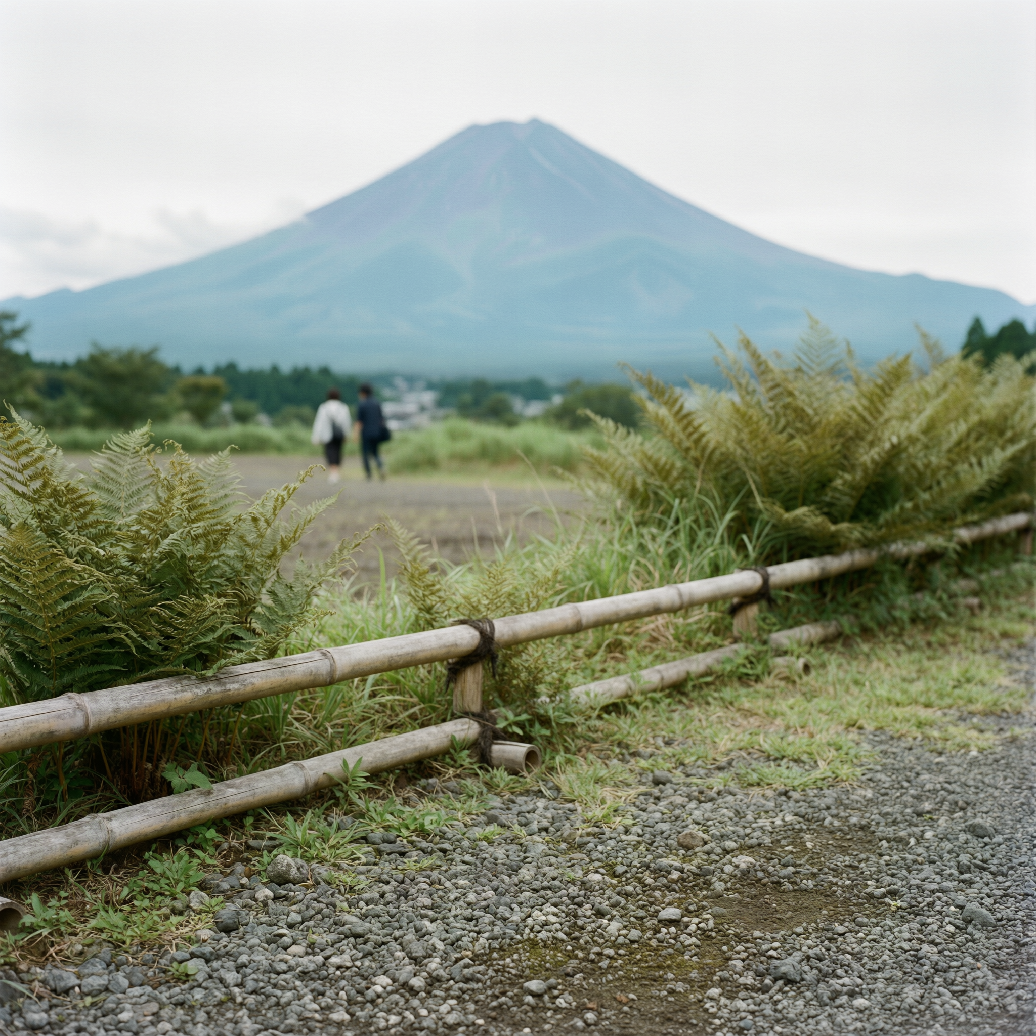 Bamboo fence along a gravel path with Mount Fuji rising in the background, green ferns and vegetation on either side, and visitors walking in the distance in Shizuoka, Japan