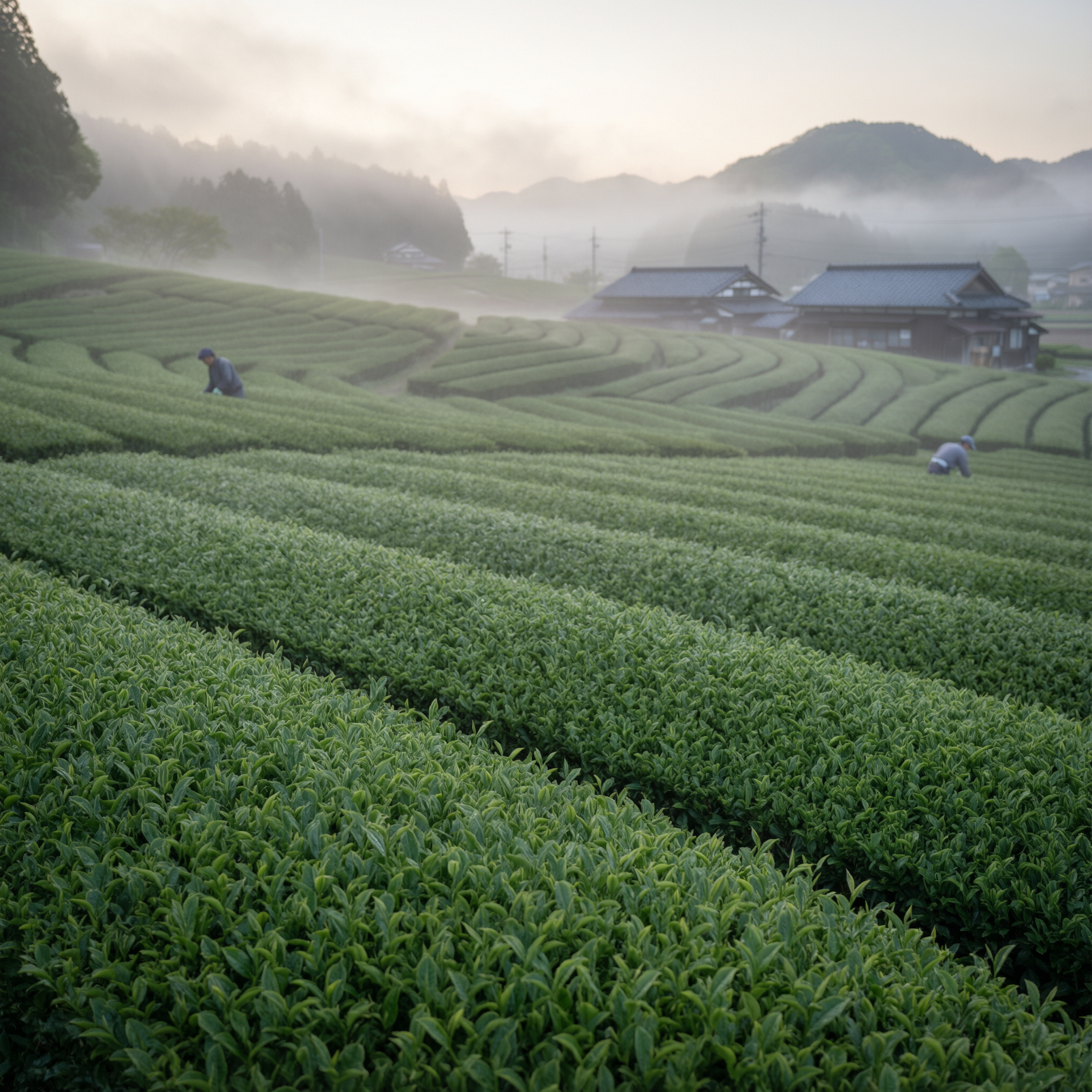 Shizuoka Tea Plantation Tour 2 Misty dawn over rolling green tea plantations in Shizuoka with workers harvesting and traditional Japanese farm buildings nestled among tree-covered mountains