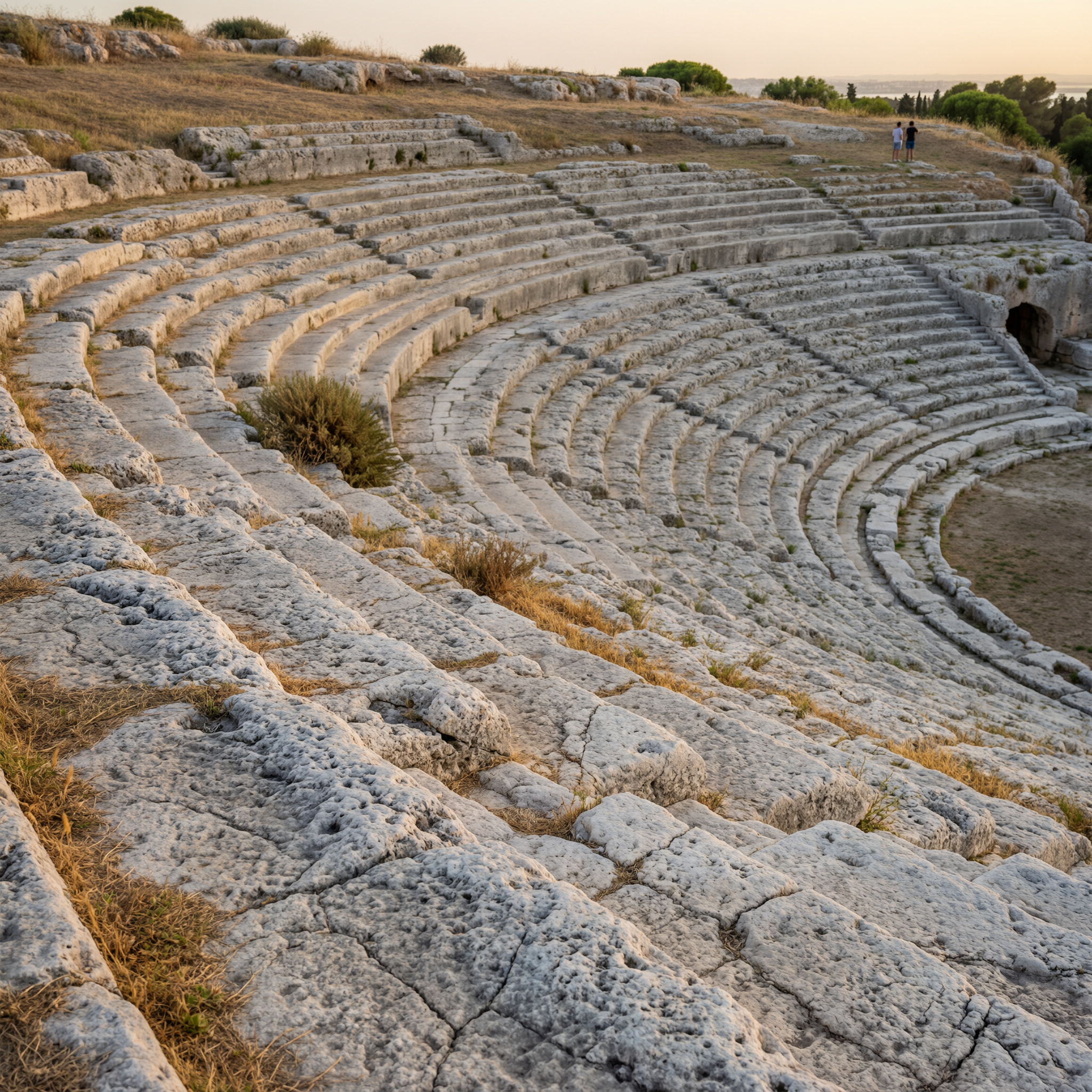 View of the ancient Greek Theatre of Syracuse with its distinctive curved stone seating rows carved into the hillside, located in Syracuse, Sicily