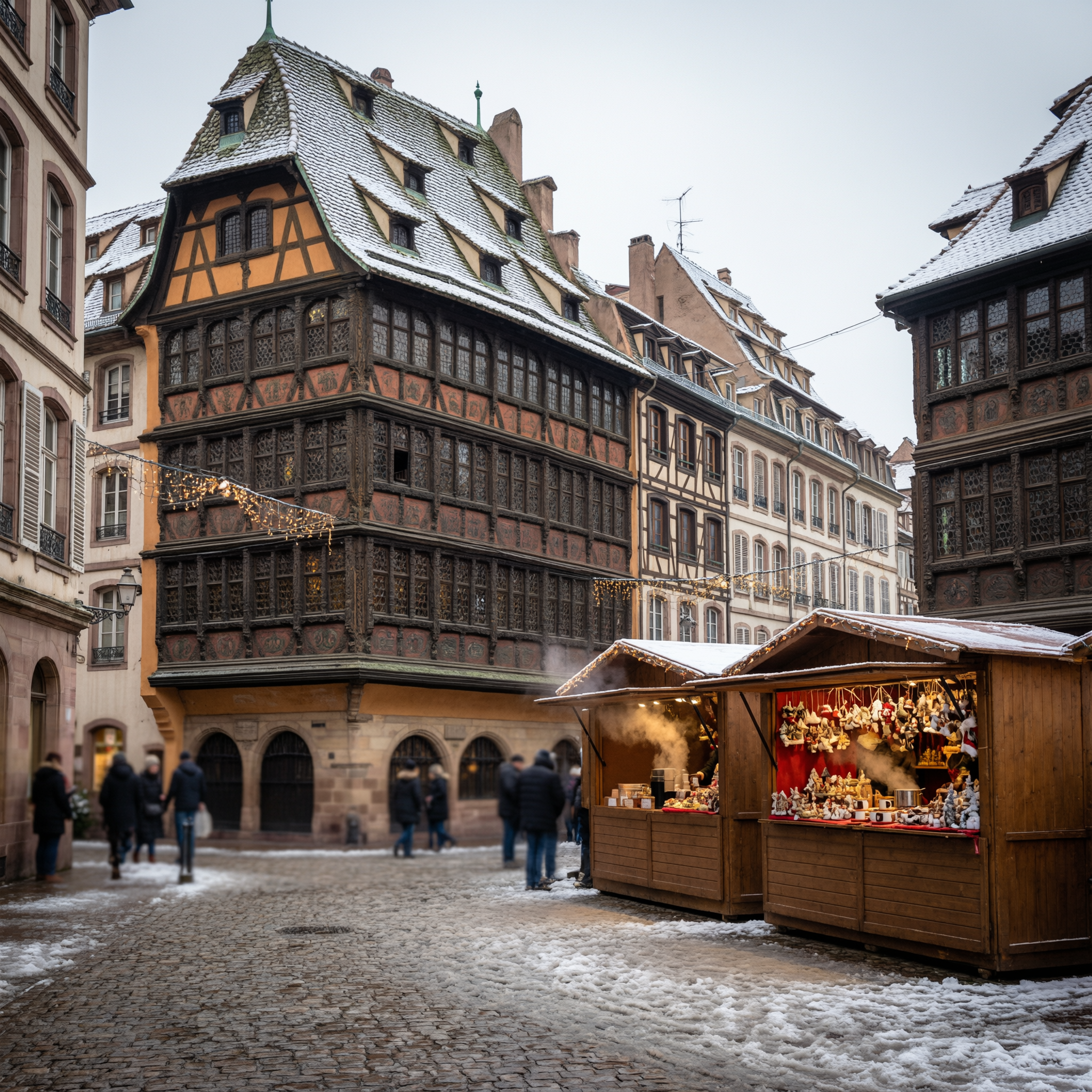 Strasbourg Christmas Market Tour 3 Historic half-timbered buildings with Christmas market stalls in a snowy Strasbourg street during winter