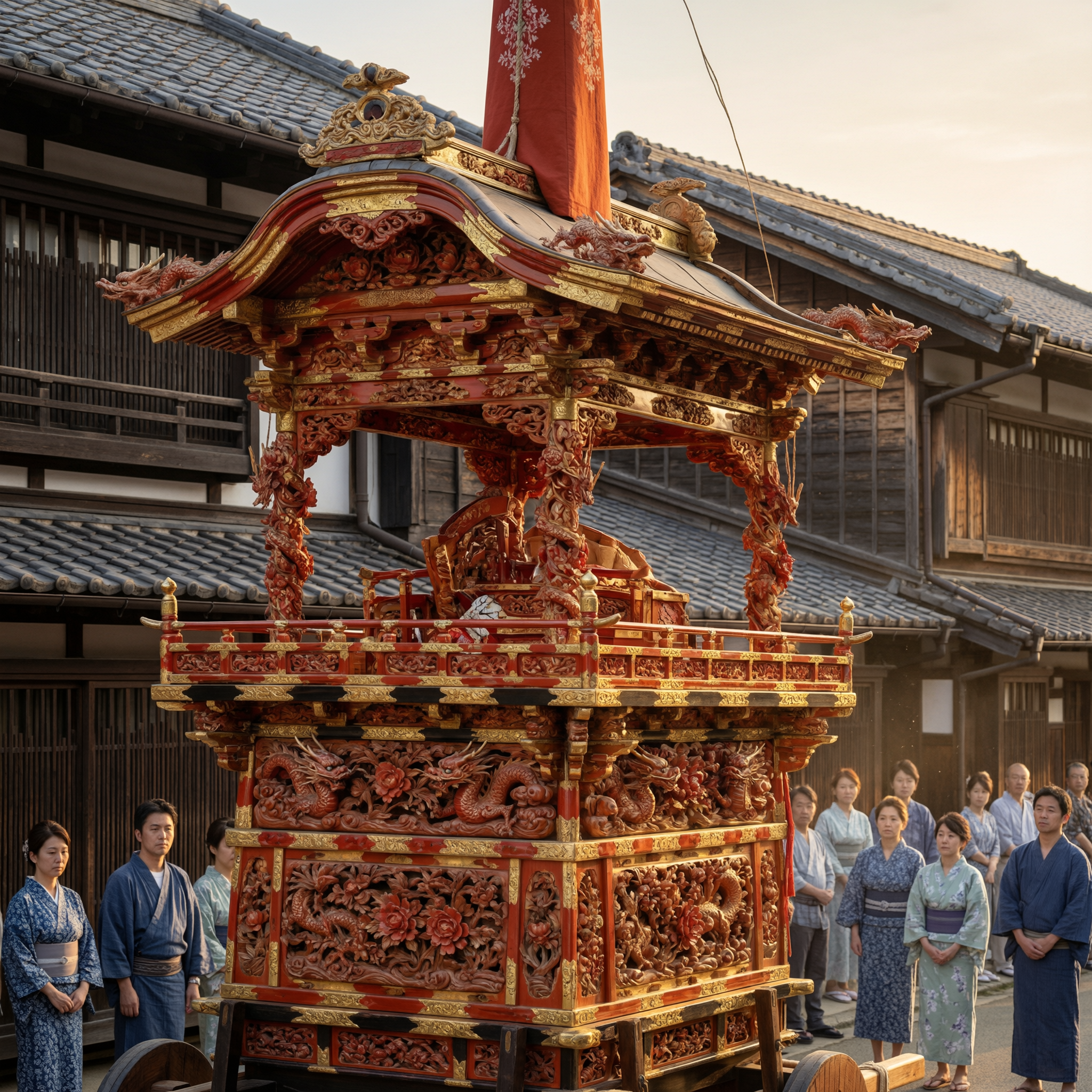 Ornate red and gold decorated yatai (festival float) with intricate carved details displayed in a traditional Japanese street with people in kimonos standing nearby and wooden buildings in the background