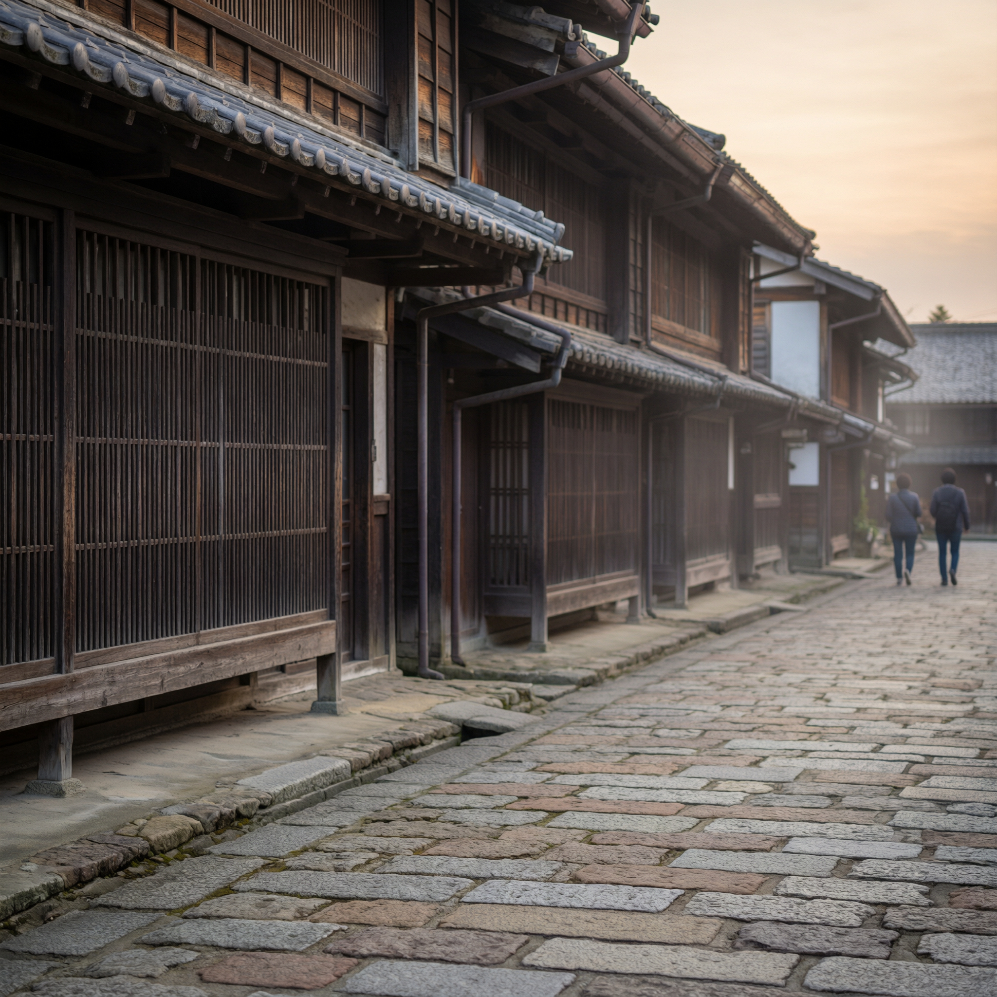 Takayama Old Town Tour 6 Historic wooden merchant houses line a cobblestone street in Takayama's Old Town district, with traditional Japanese architecture featuring latticed windows and curved tile roofs bathed in golden hour light