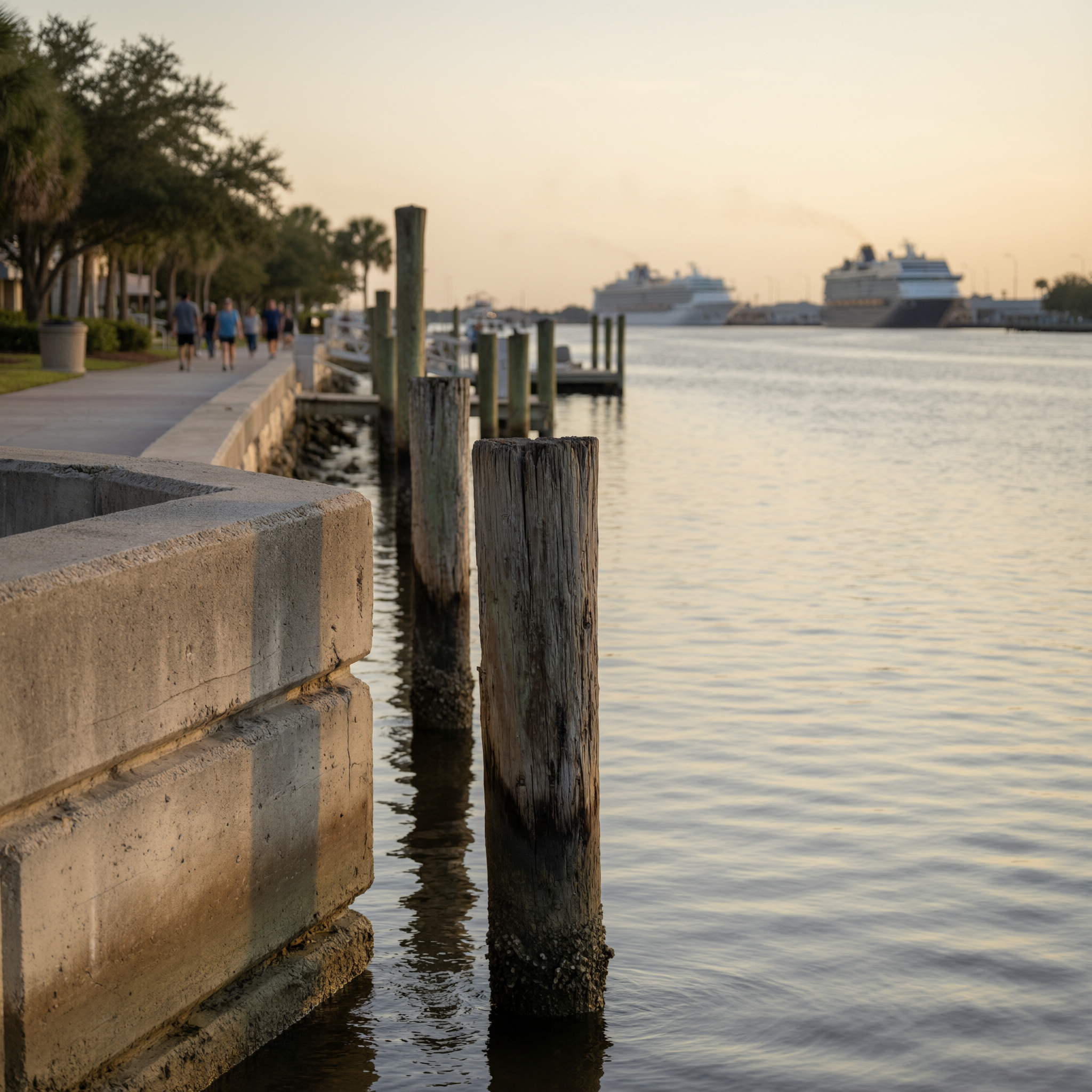 Wooden pilings and concrete waterfront wall along Tampa Bay at sunset, with cruise ships docked in the background and pedestrians walking on the tree-lined promenade