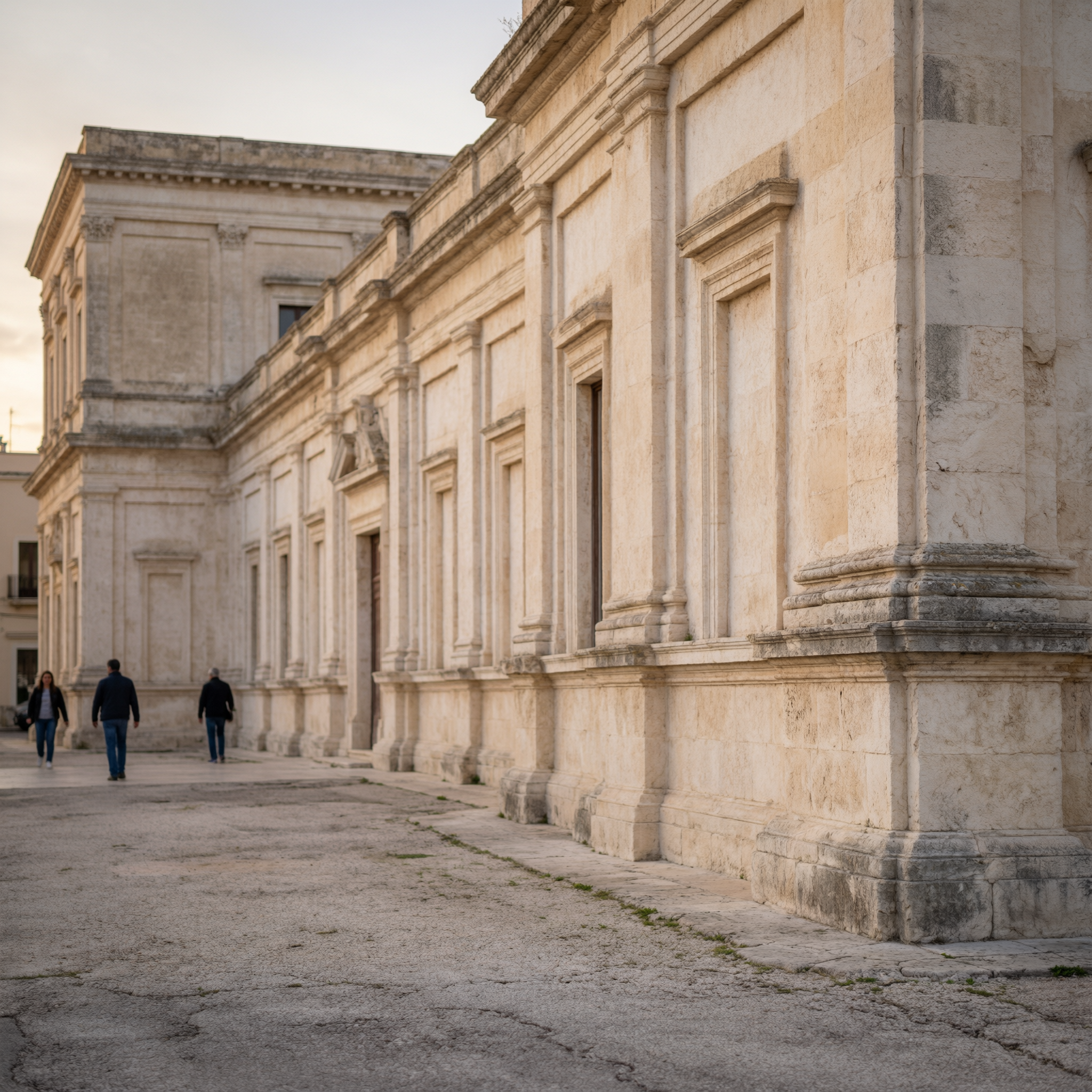 Exterior facade of the Taranto Archaeological Museum with stone columns and classical architecture in Taranto, Italy
