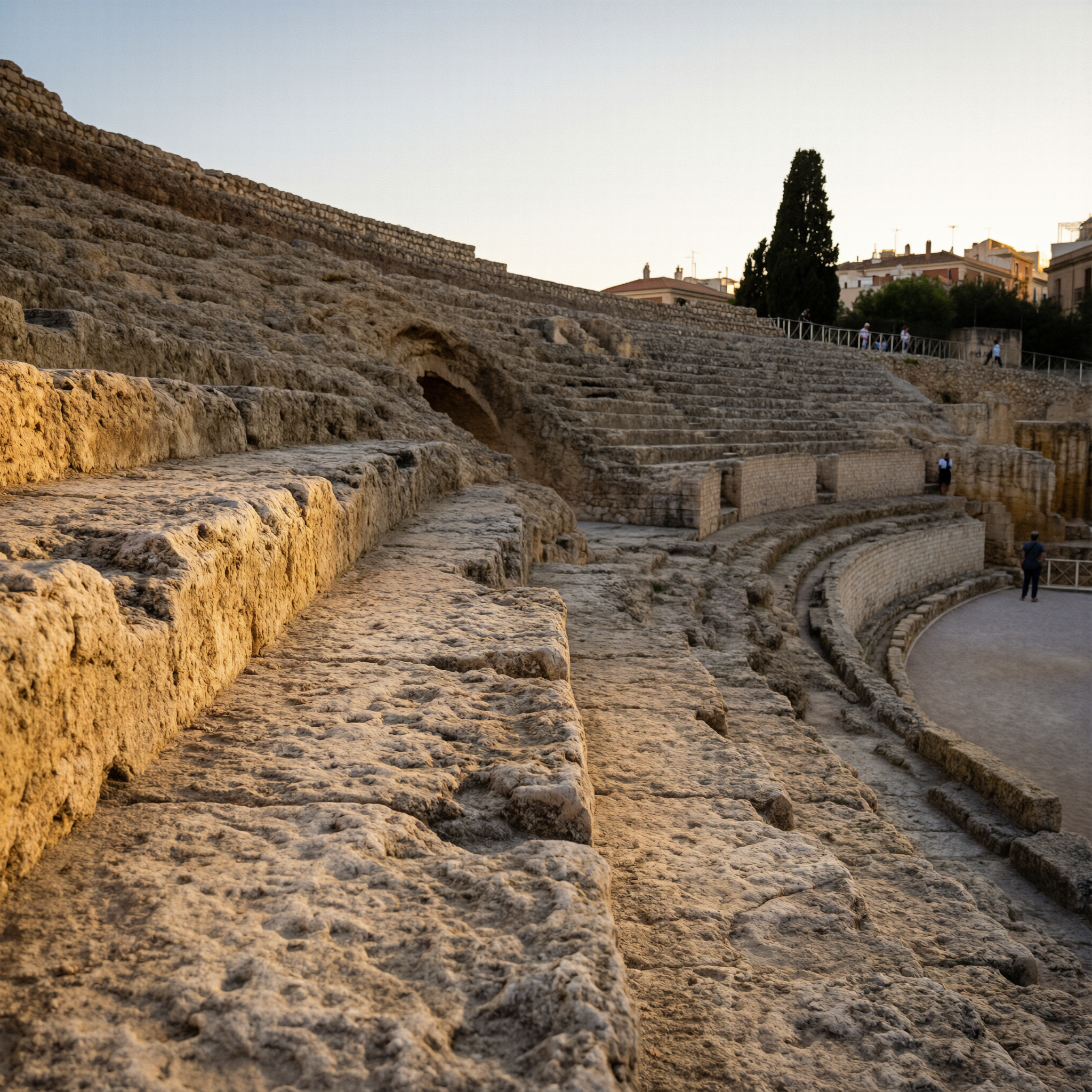 Ancient Roman amphitheatre ruins in Tarragona with stone seating tiers and Mediterranean buildings in the background during golden hour