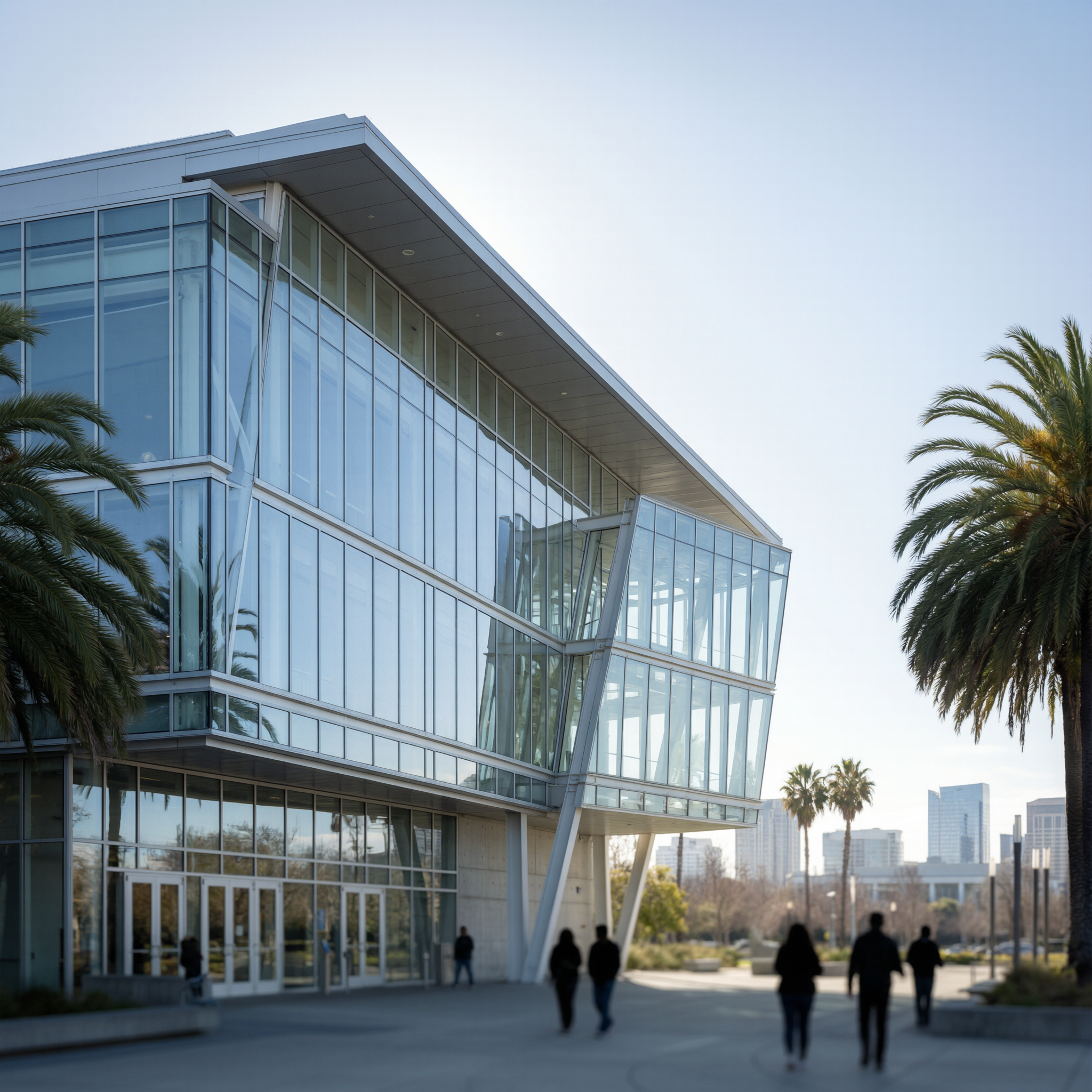 The Tech Interactive building in San Jose, a modern glass and steel structure with tilted upper floors, surrounded by palm trees and visitors in the plaza
