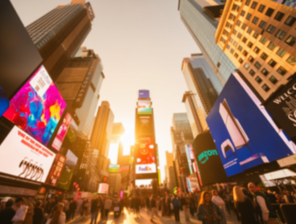 Times Square in New York City with skyscrapers and bright digital billboards during daytime