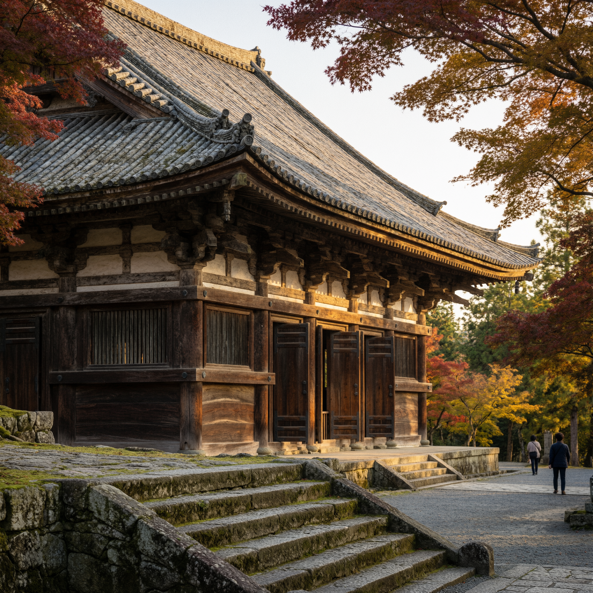 Nara Todai-ji Temple Tour 2 Todai-ji Temple's Daibutsuden (Great Buddha Hall) in Nara, Japan, featuring traditional Japanese architecture with curved tile roof, wooden pillars, and autumn foliage