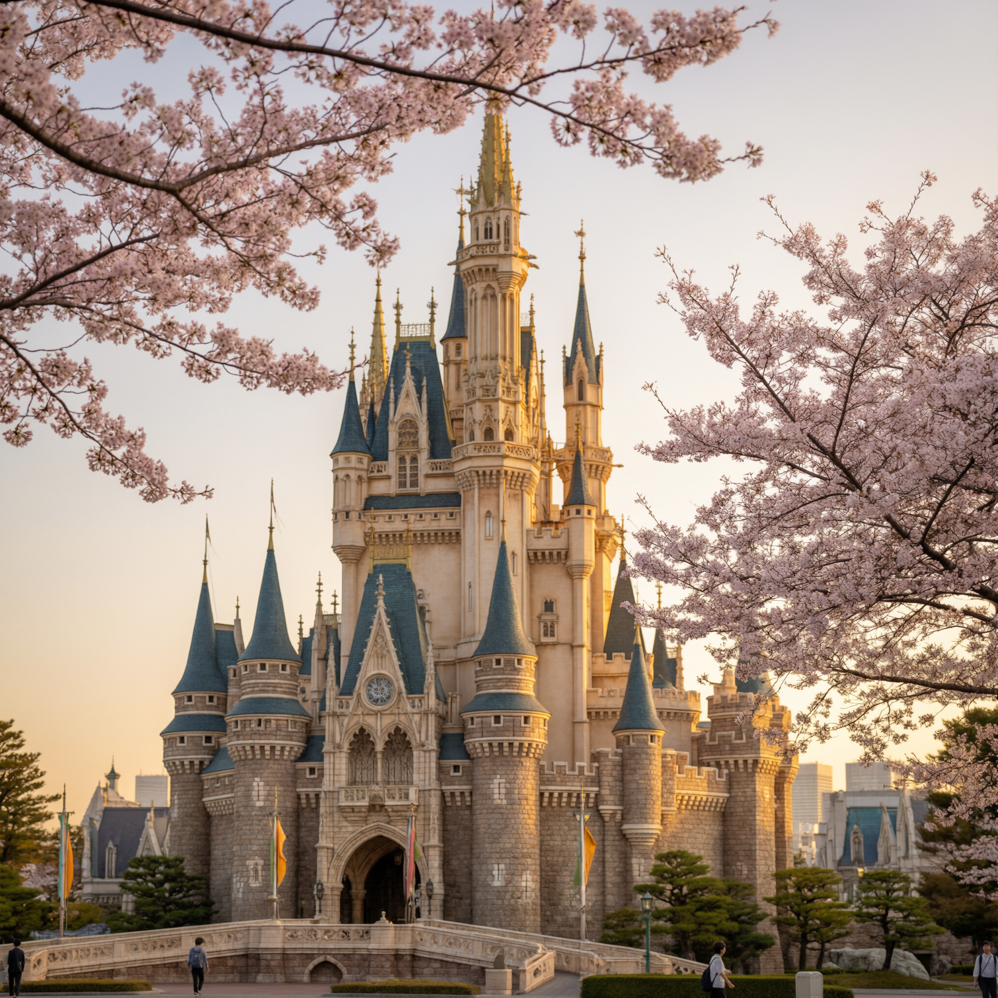 Tokyo Disney Resort Tips 2 Cinderella Castle at Tokyo Disney Resort during golden hour, framed by blooming cherry blossom branches