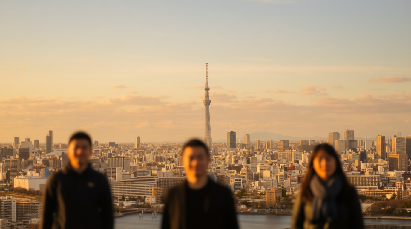 Three people in silhouette with Tokyo Skytree and city skyline during golden hour in the background