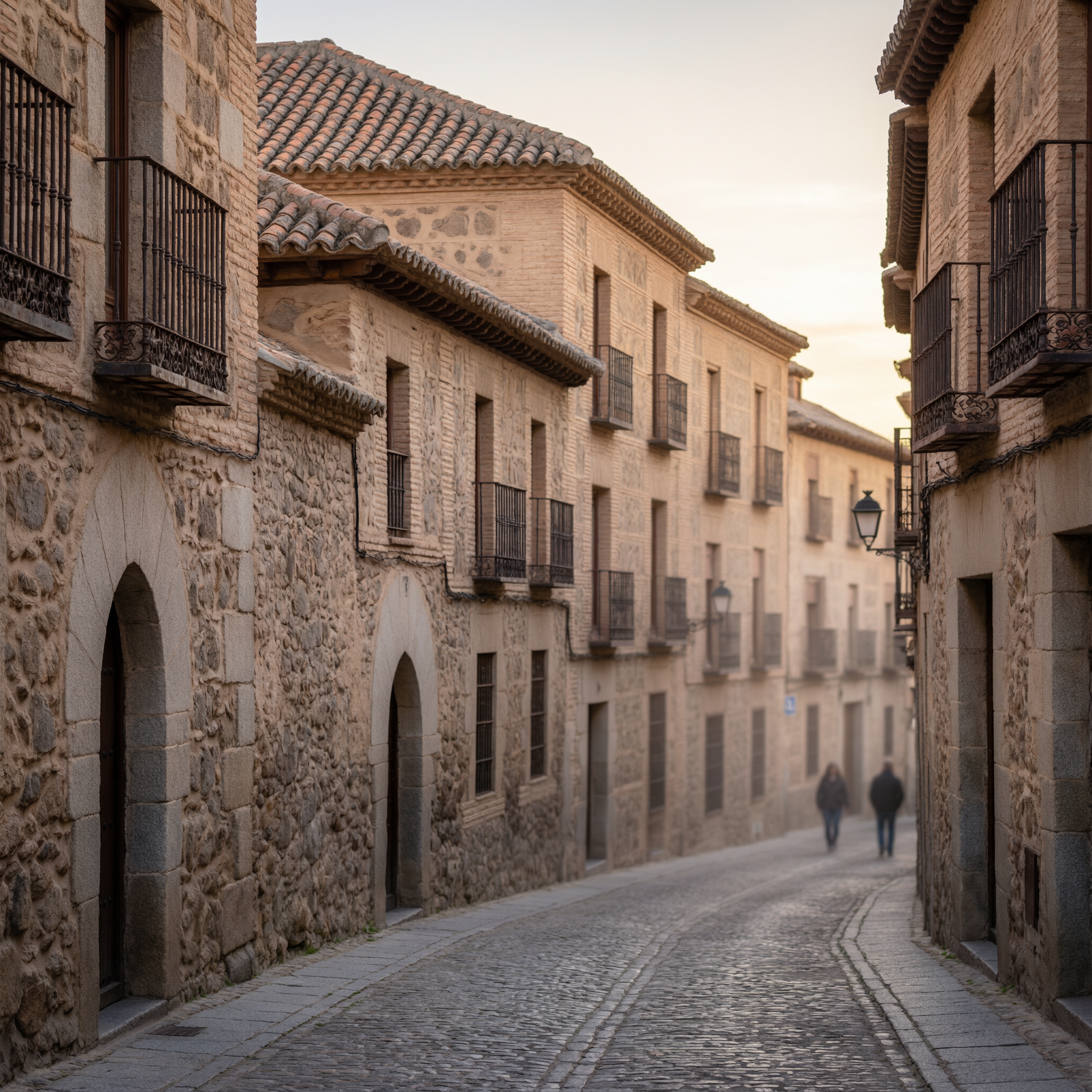 Toledo Medieval City Guide 2 Medieval stone street in Toledo, Spain with traditional architecture and golden-hour lighting