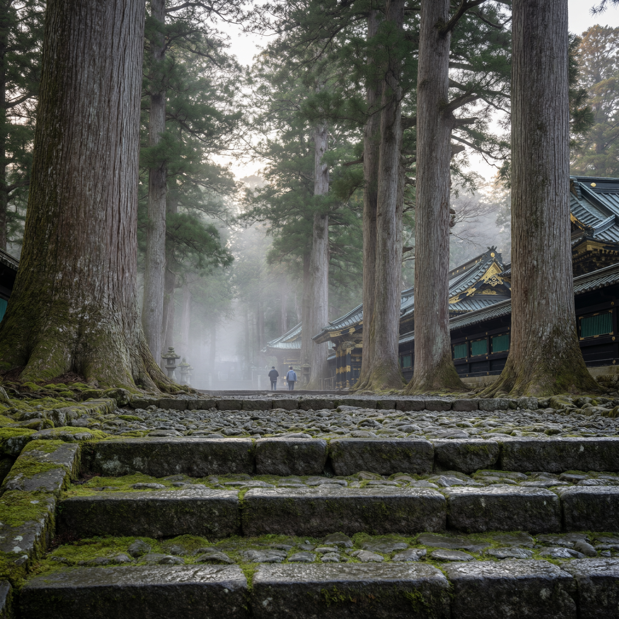 Nikko UNESCO World Heritage 2 Tall, misty avenue of giant cedar trees leading to a traditional Japanese temple with ornate roofs at dawn in Nikko