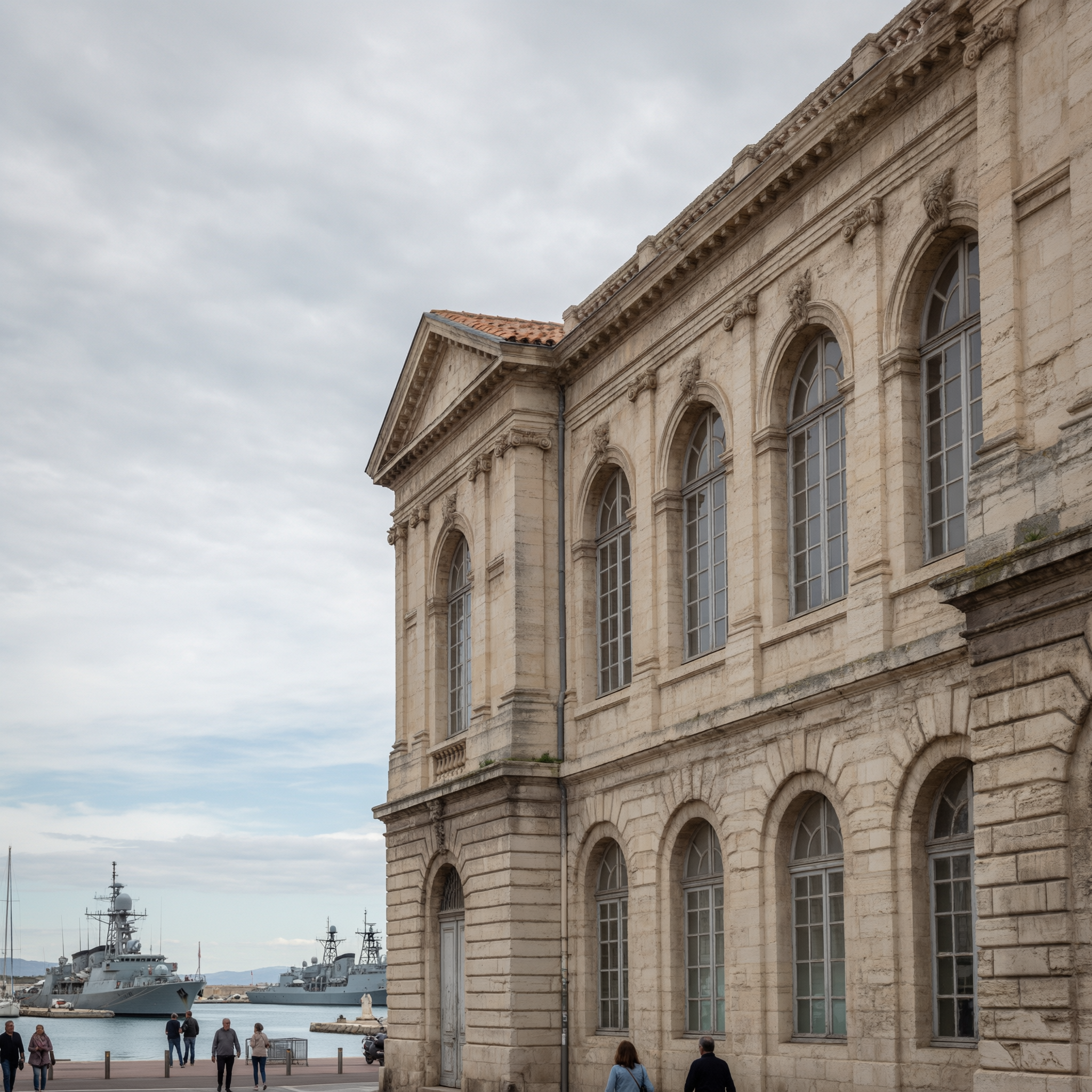 Historic stone building with arched windows at Toulon waterfront with naval vessels in background