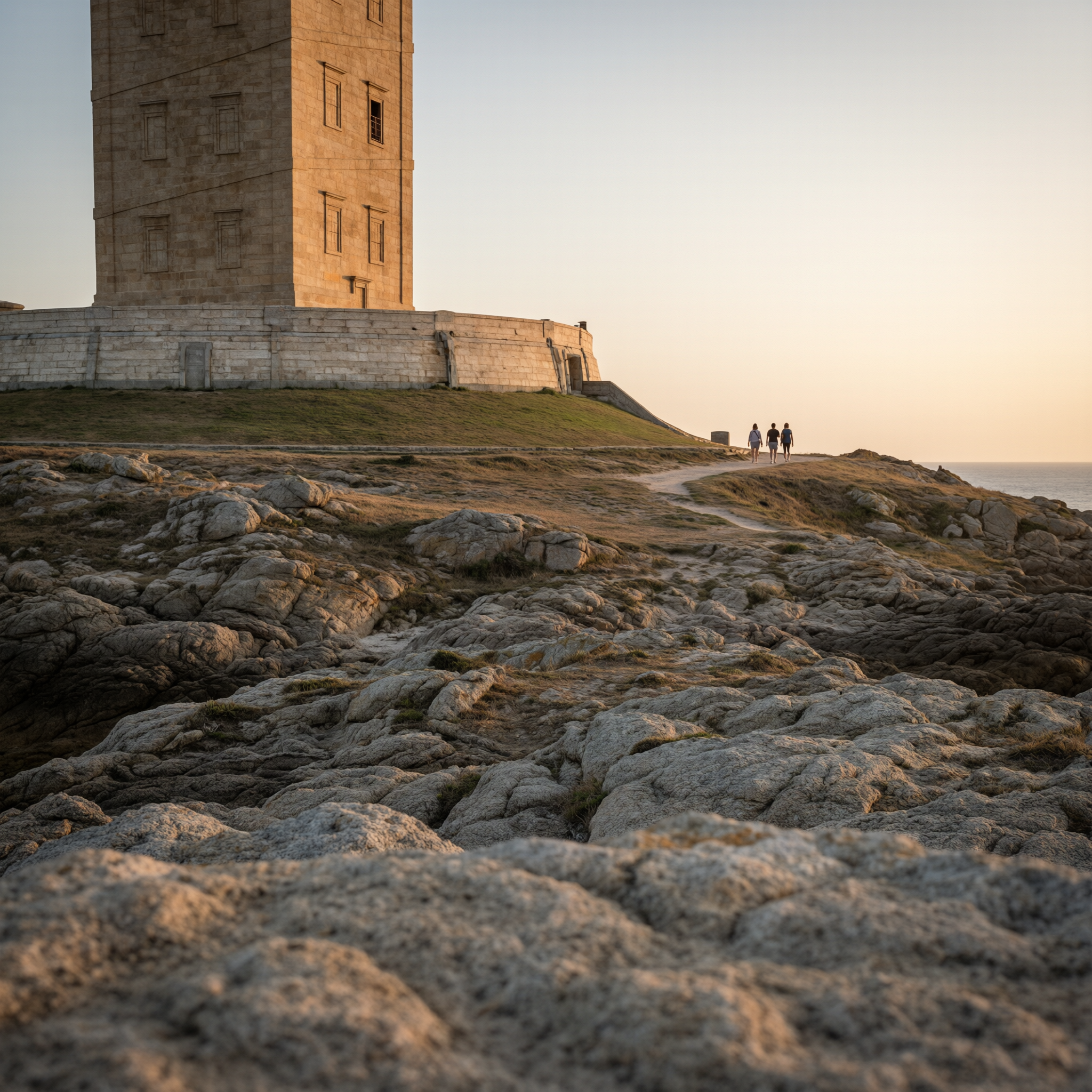 The Tower of Hercules lighthouse in La Coruña, Spain at sunset, with visitors standing on the rocky coastal terrain and grassy slope at its base