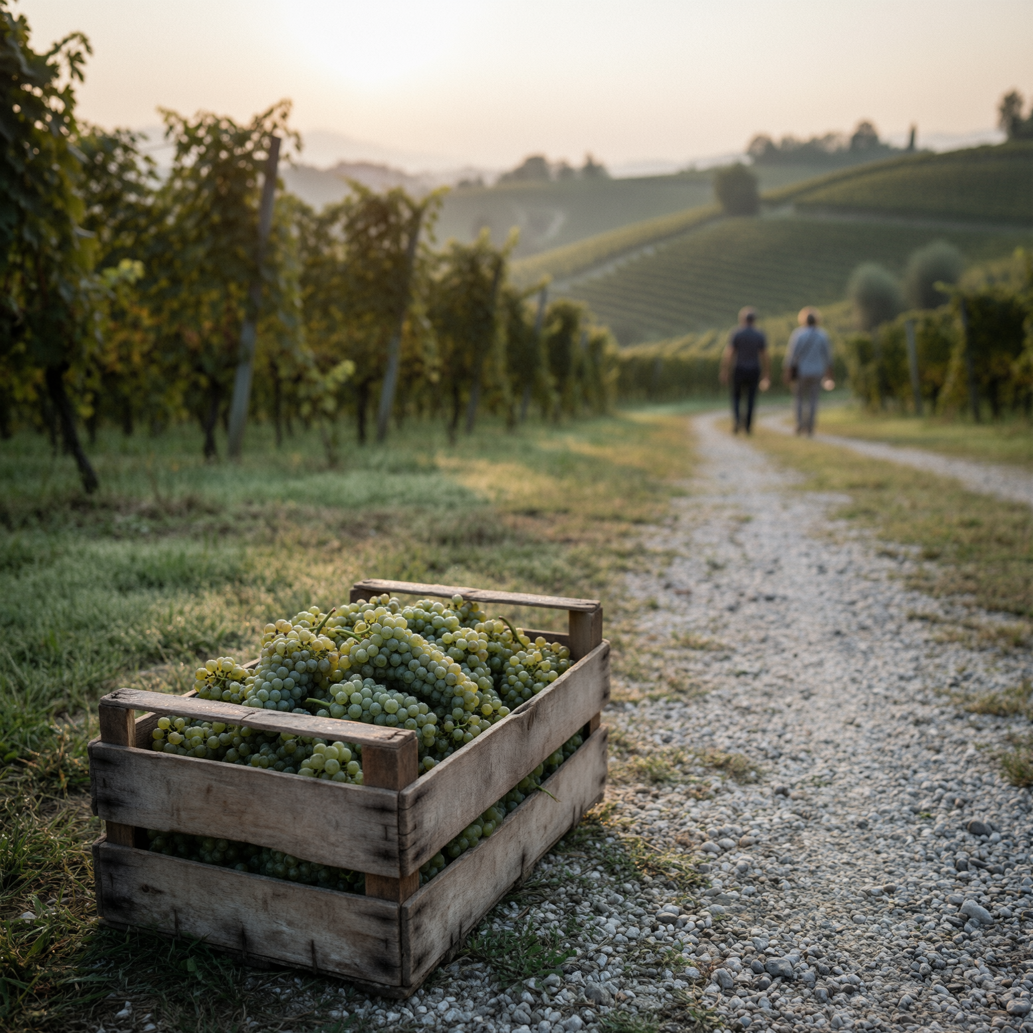 Wooden crate filled with white grapes on a gravel path through a vineyard in Treviso with rolling hills and two people walking in the distance