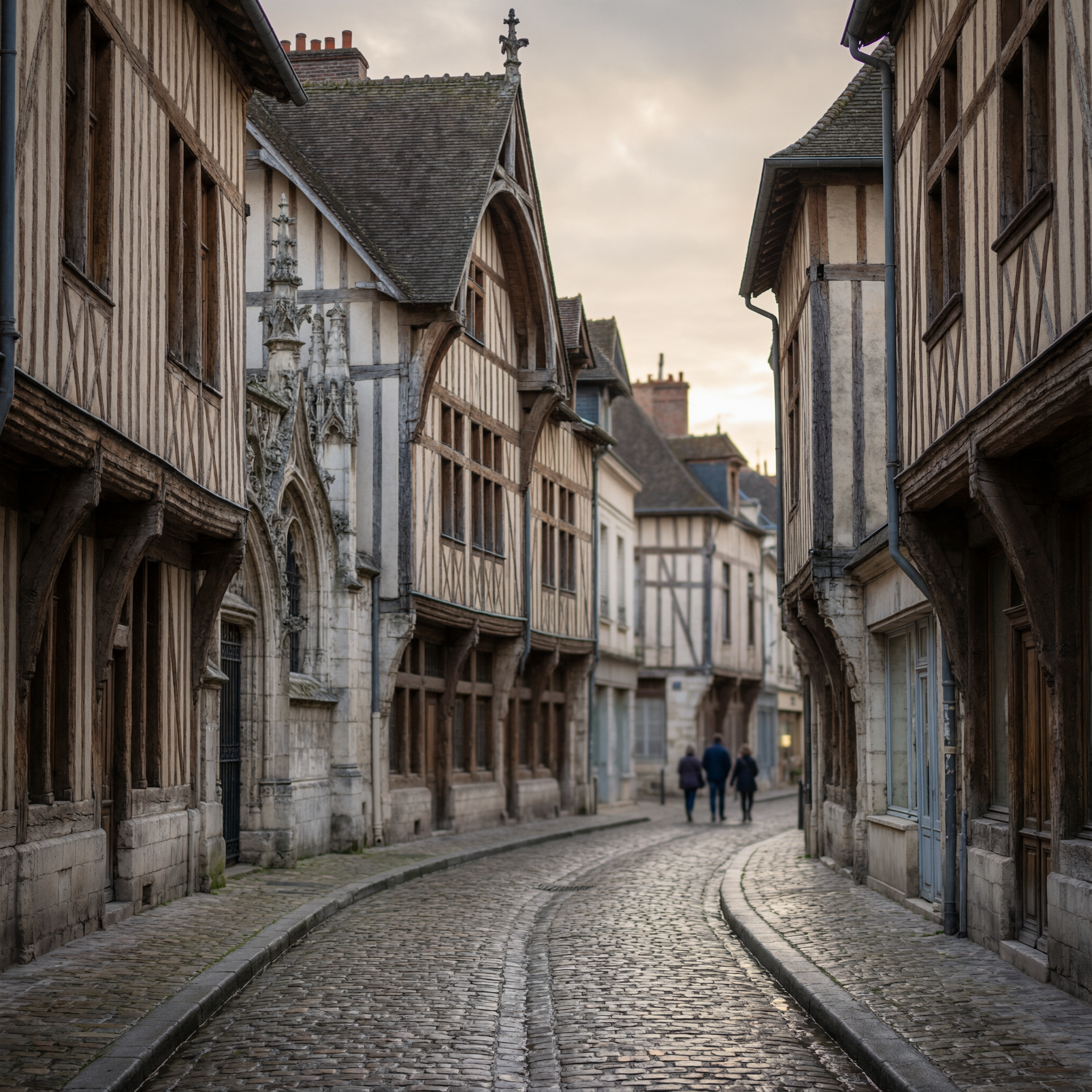 A historic cobblestone street in Troyes lined with half-timbered medieval buildings featuring white walls and dark timber framing, with ornate stonework and steep roofs, a few pedestrians visible in the distance