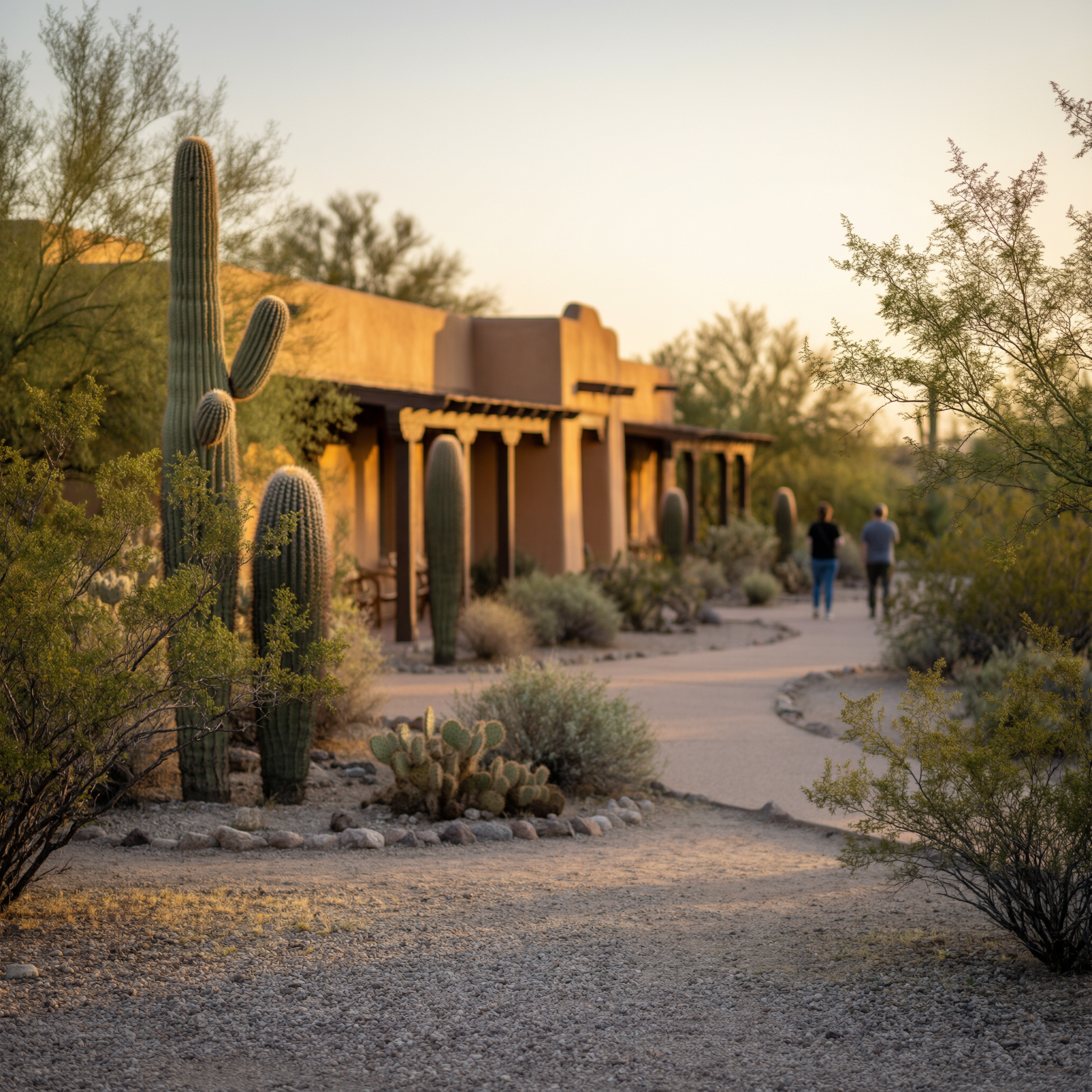 Saguaro cactus and desert vegetation frame a tan adobe-style building at the Arizona-Sonora Desert Museum in Tucson