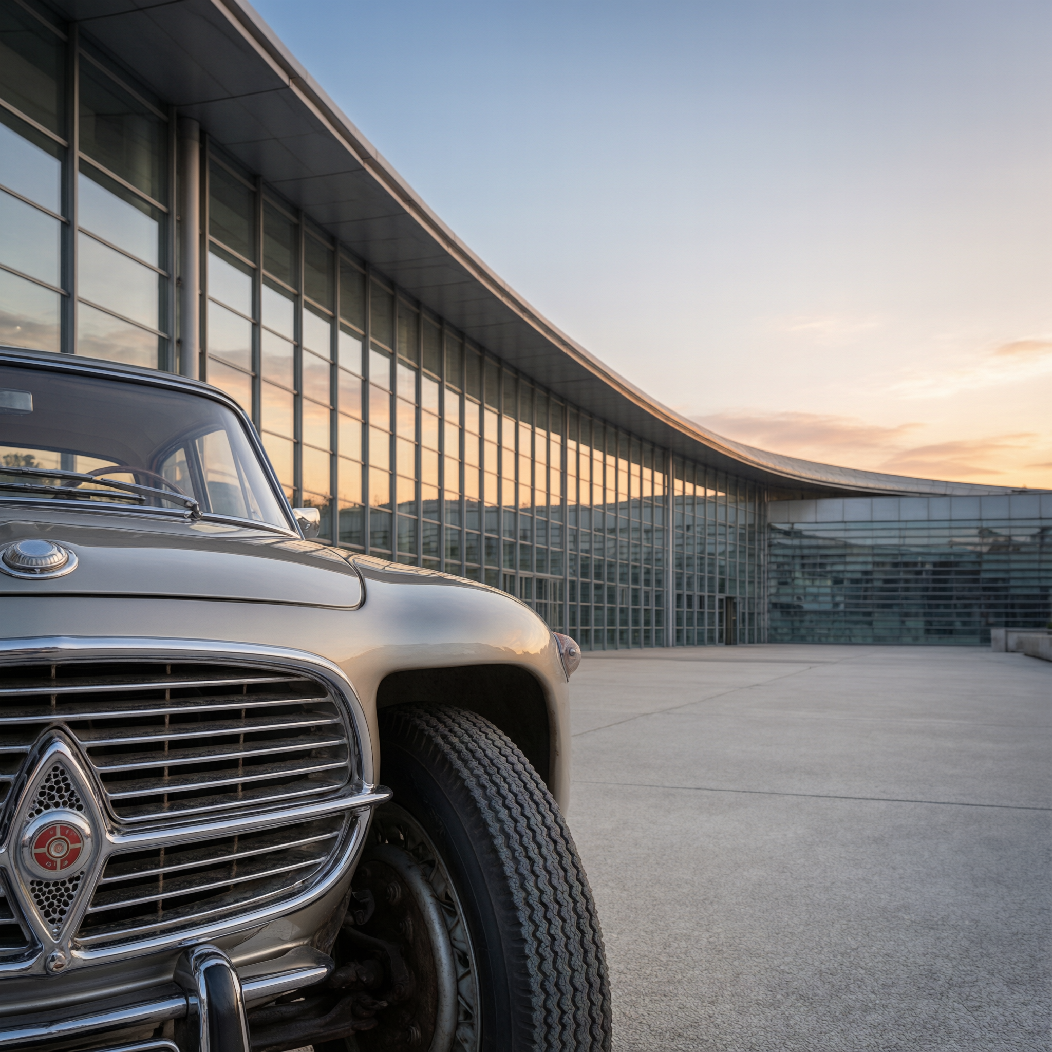 Vintage car parked outside the Museo Nazionale dell'Automobile in Turin, Italy at sunset