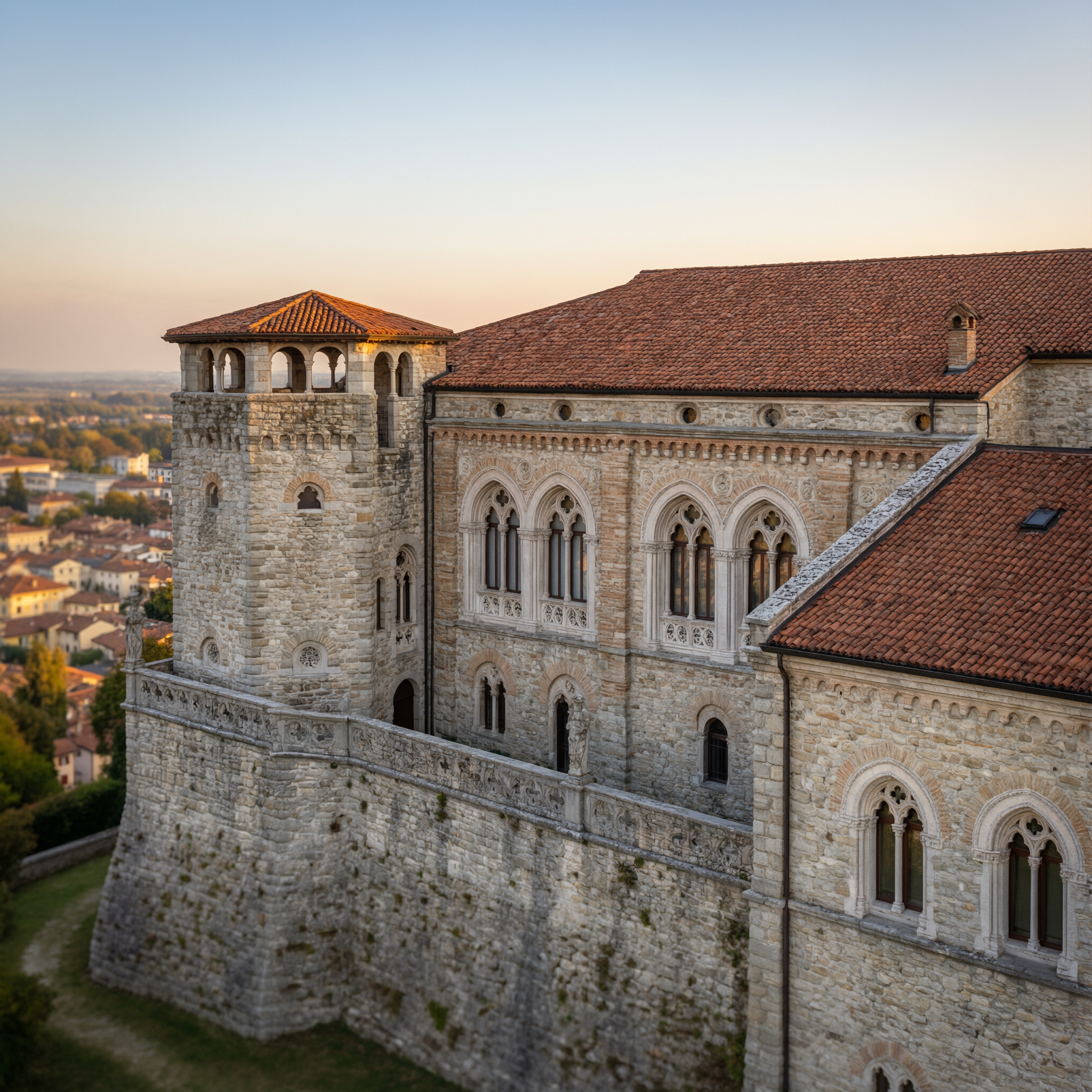 Aerial view of Udine Castle in Udine, Italy at sunset with the city visible in the background