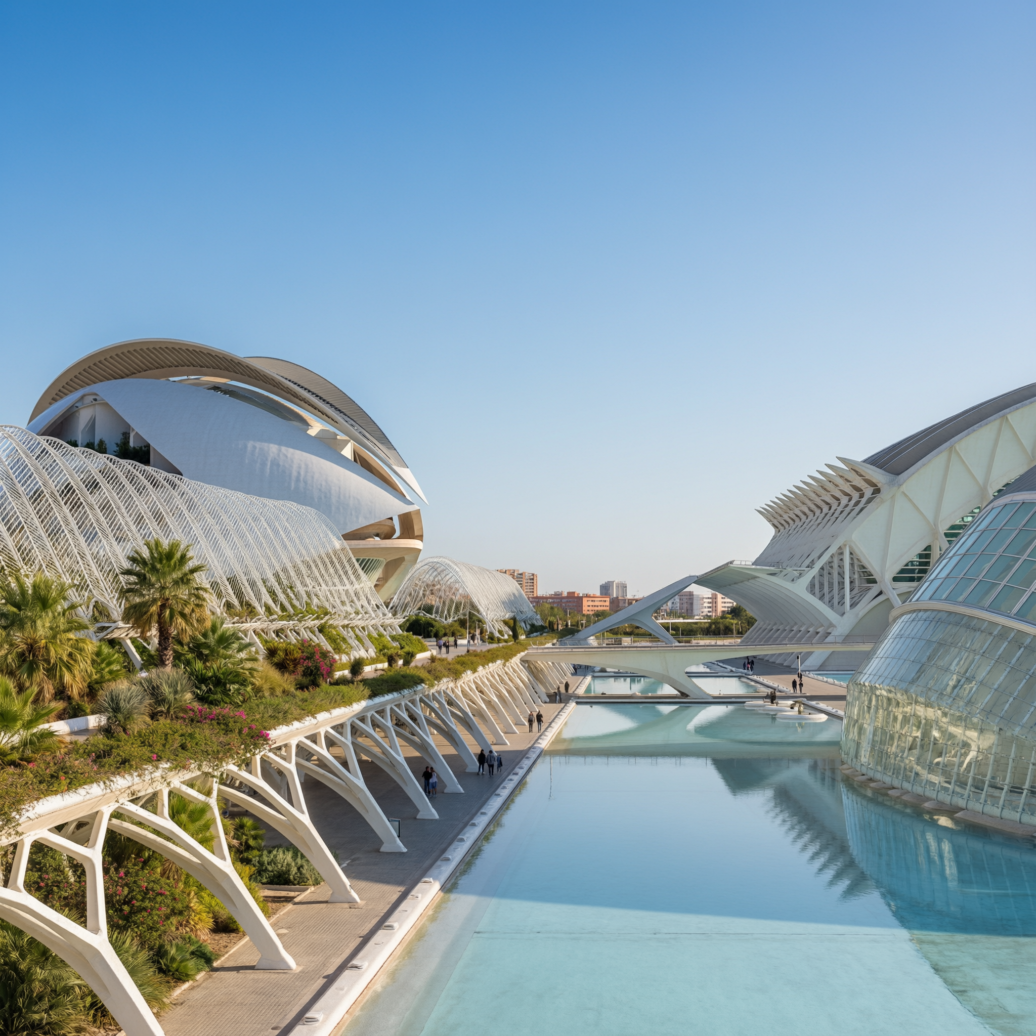The City of Arts and Sciences in Valencia featuring white futuristic architecture with ribbed structures and reflecting pools under a clear blue sky