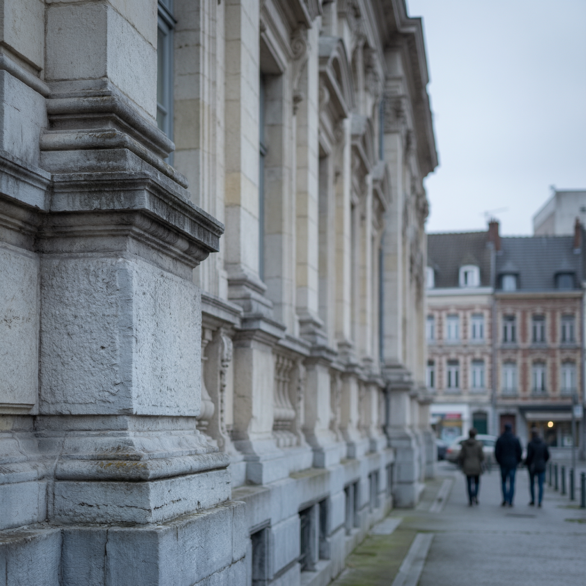 Exterior facade of the Valenciennes Fine Arts Museum with classical stone columns and architectural details, street view of the museum building in Valenciennes, France