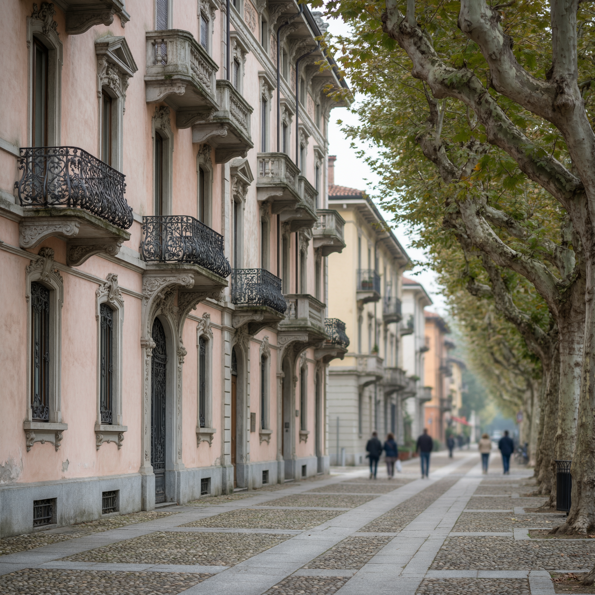 A tree-lined street in Varese with elegant Liberty-style buildings featuring ornate balconies and classical architecture