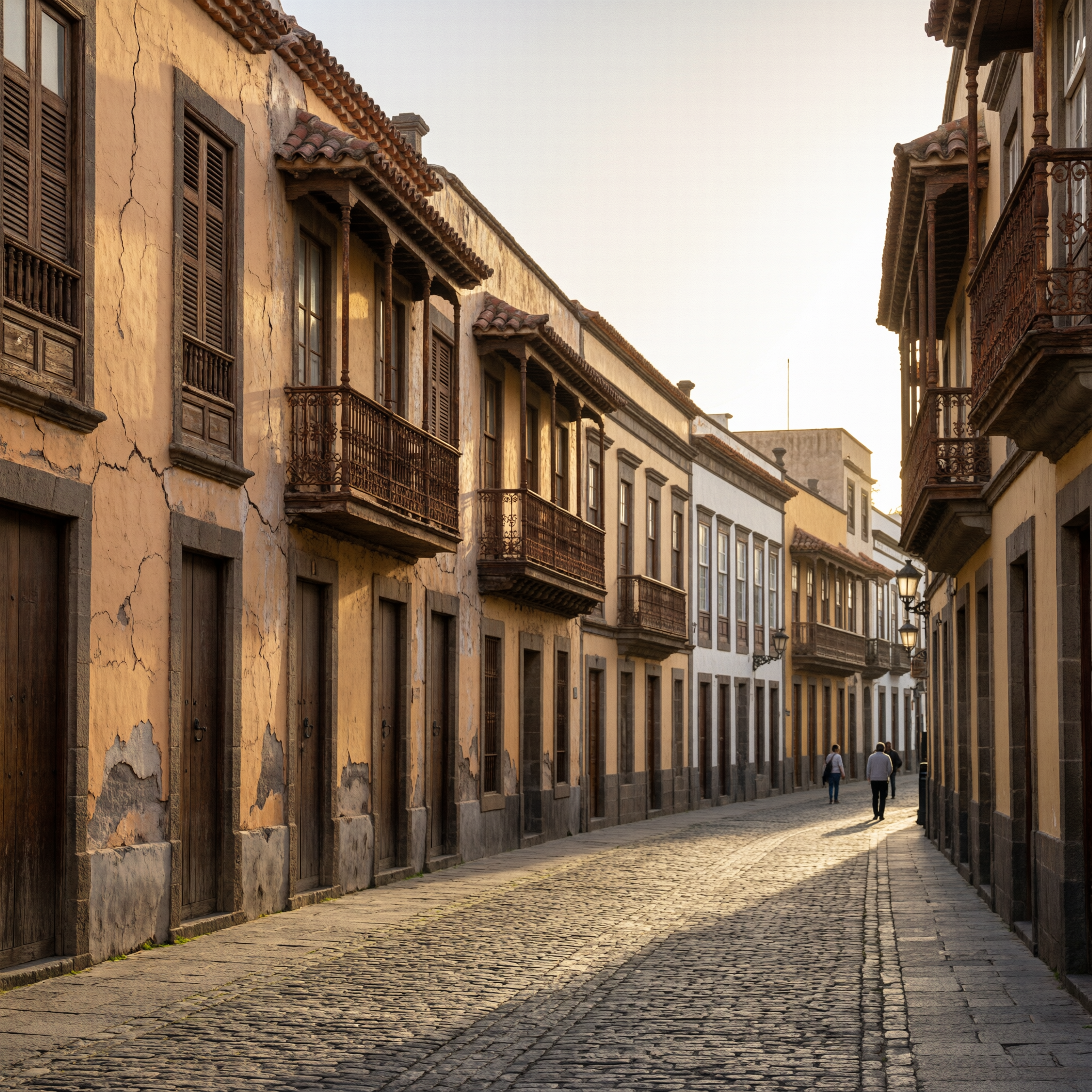 Historic cobblestone street in Vegueta, the old town of Las Palmas, Gran Canaria, lined with weathered colonial buildings featuring wooden balconies and terracotta tile roofs
